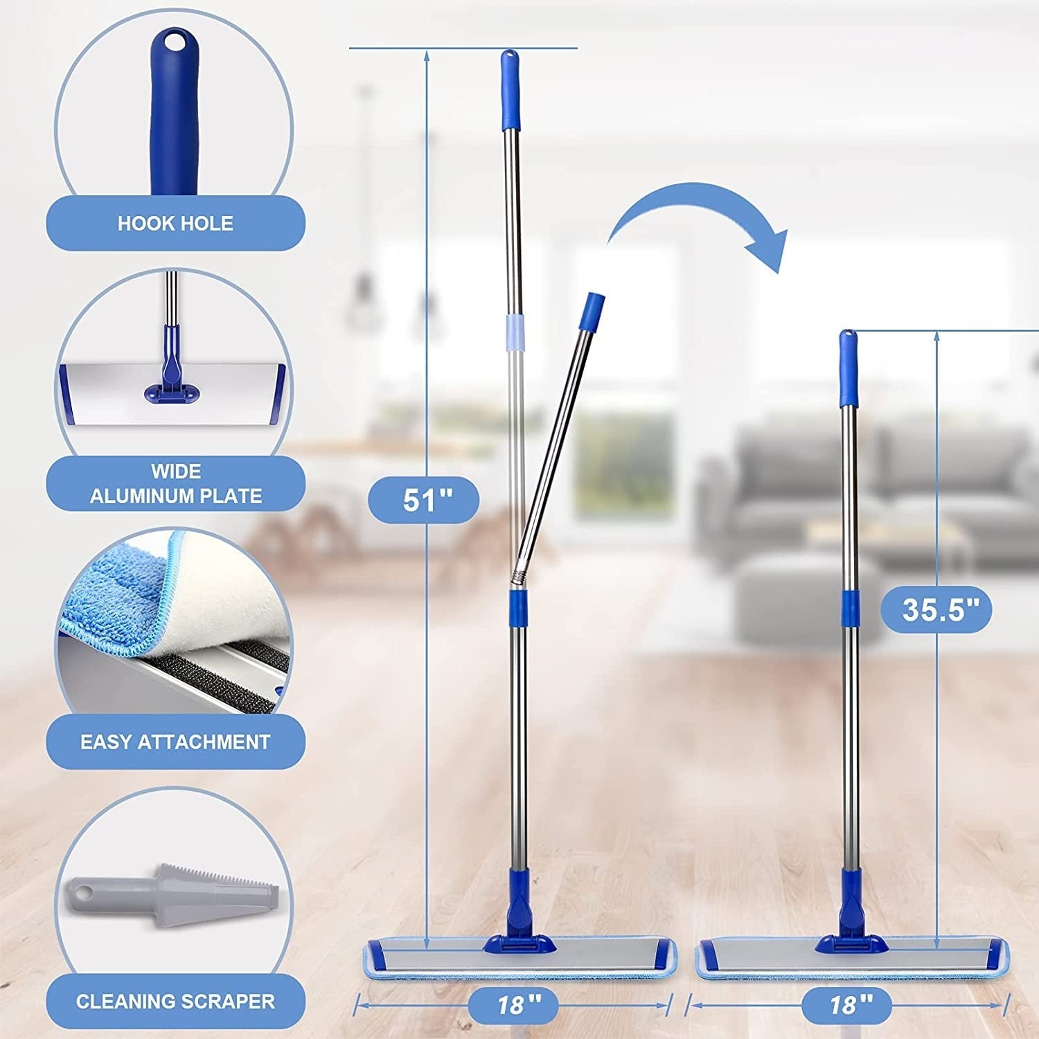 18" Microfiber Floor Mop with Stainless Steel Handle, 4 Washable Pads & Brush3