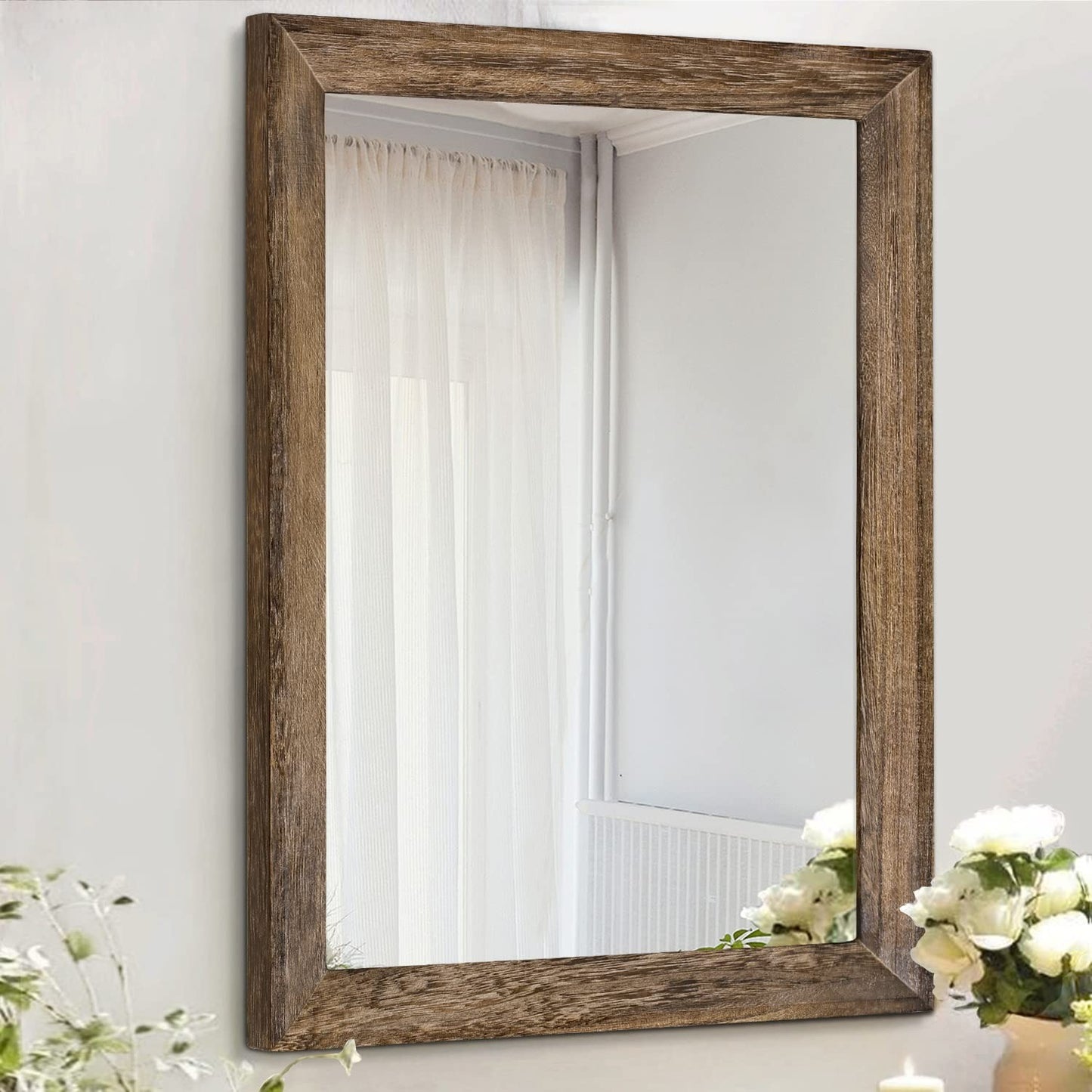 Rustic Rectangle Wood Wall Mirror - Decorative Frame for Bedroom, Living Room, B1