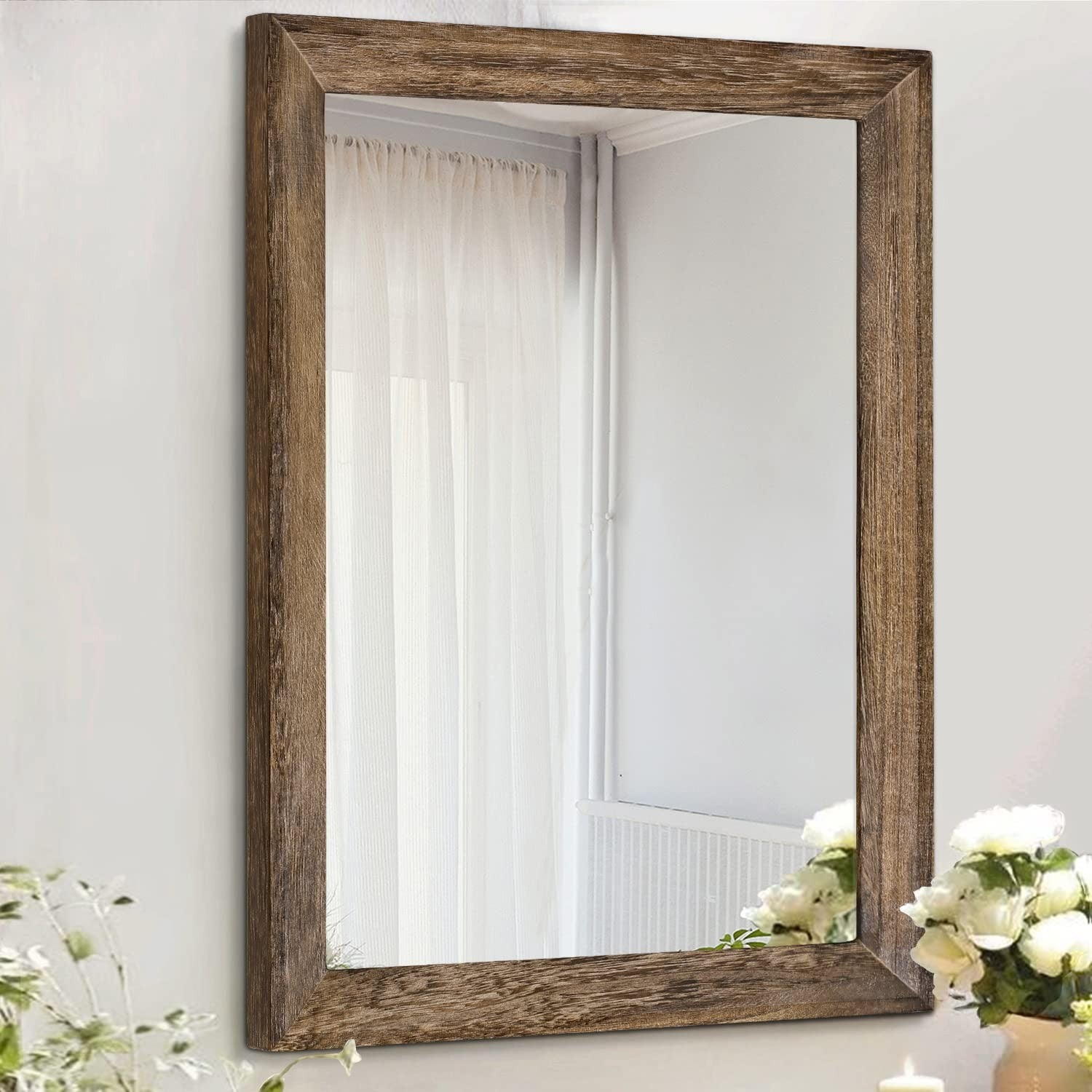 Rustic Rectangle Wood Wall Mirror - Decorative Frame for Bedroom, Living Room, B1