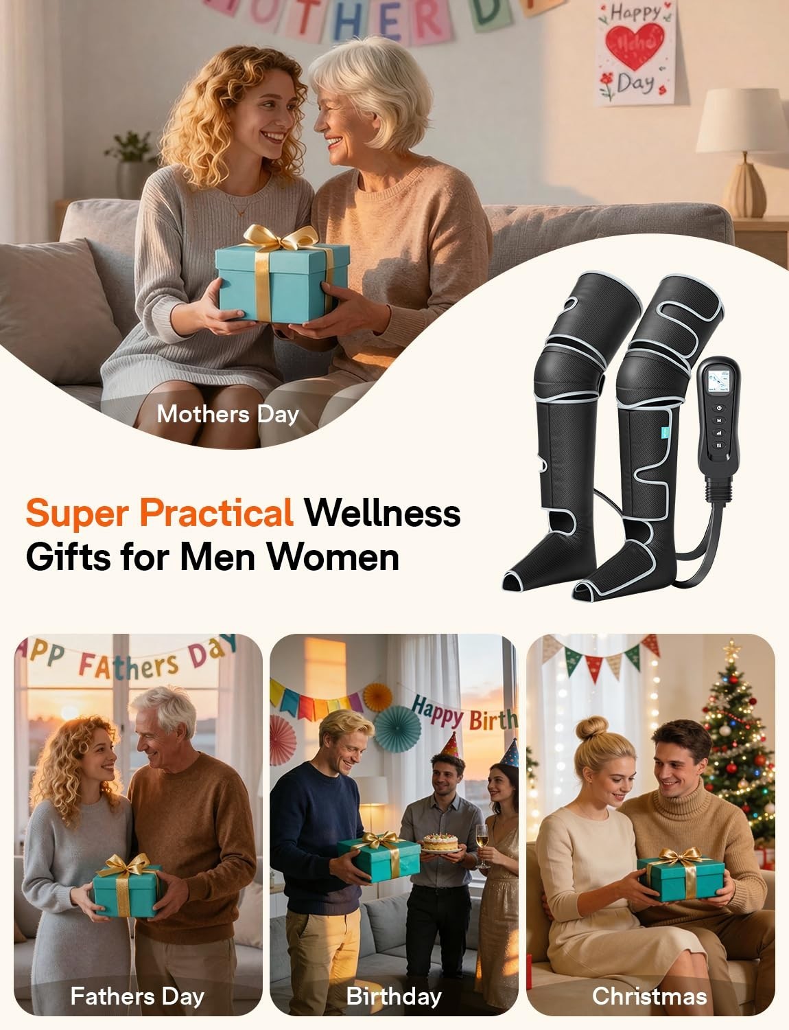 Leg Massager for Circulation & Pain Relief - Heat, Compression, 5 Modes, Gift Id7