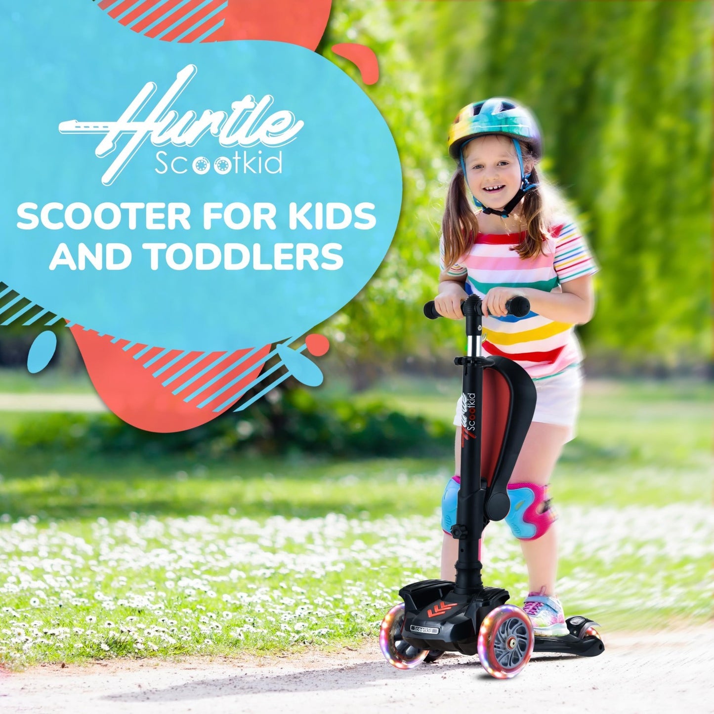 3-Wheeled Kids Scooter with LED Lights, Adjustable Handlebar, Foldable Seat, Sit2