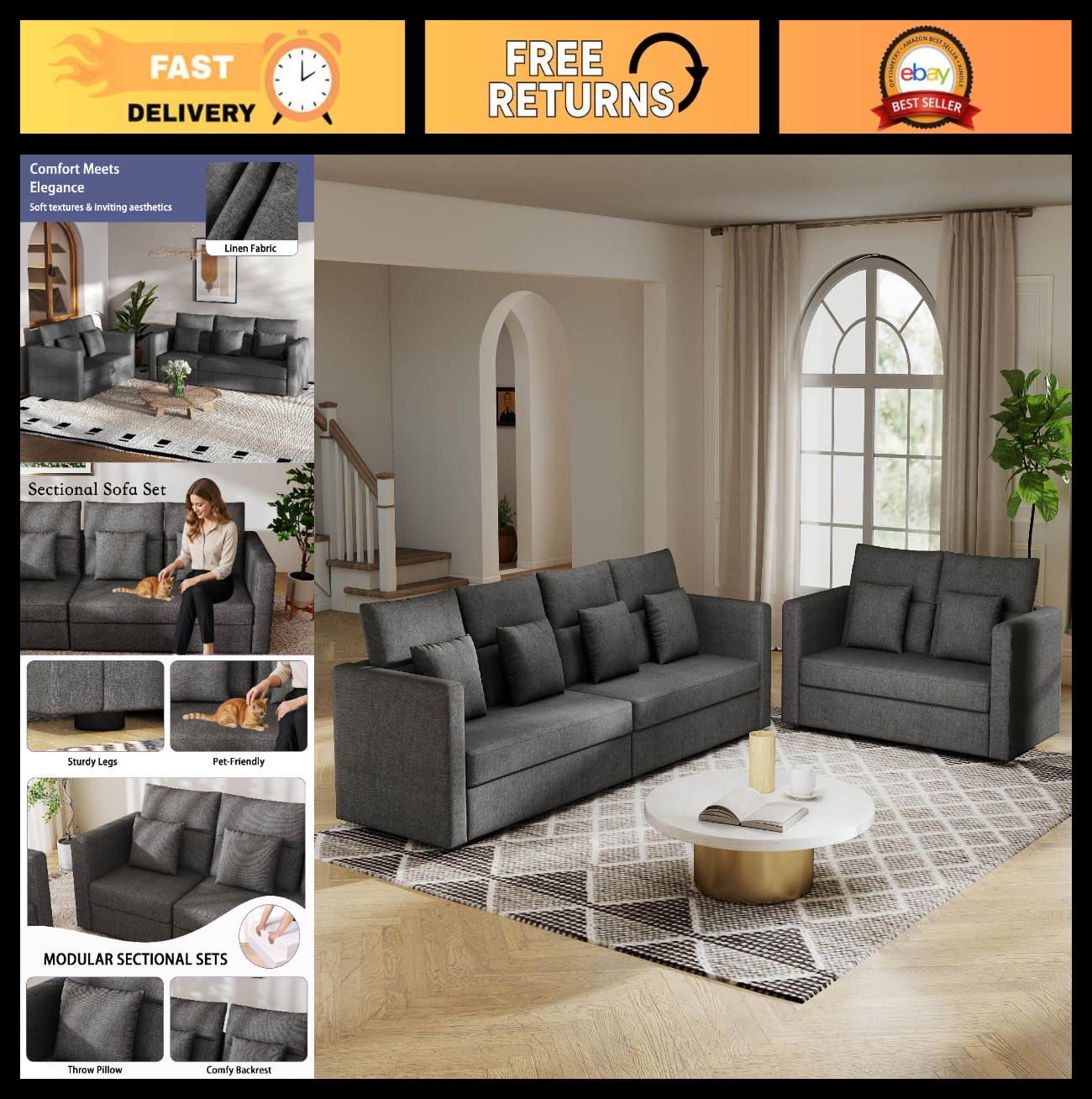 Modern Grey 2-Piece Sofa Set - Comfy 6-Seat Couch & Loveseat for Living Room0