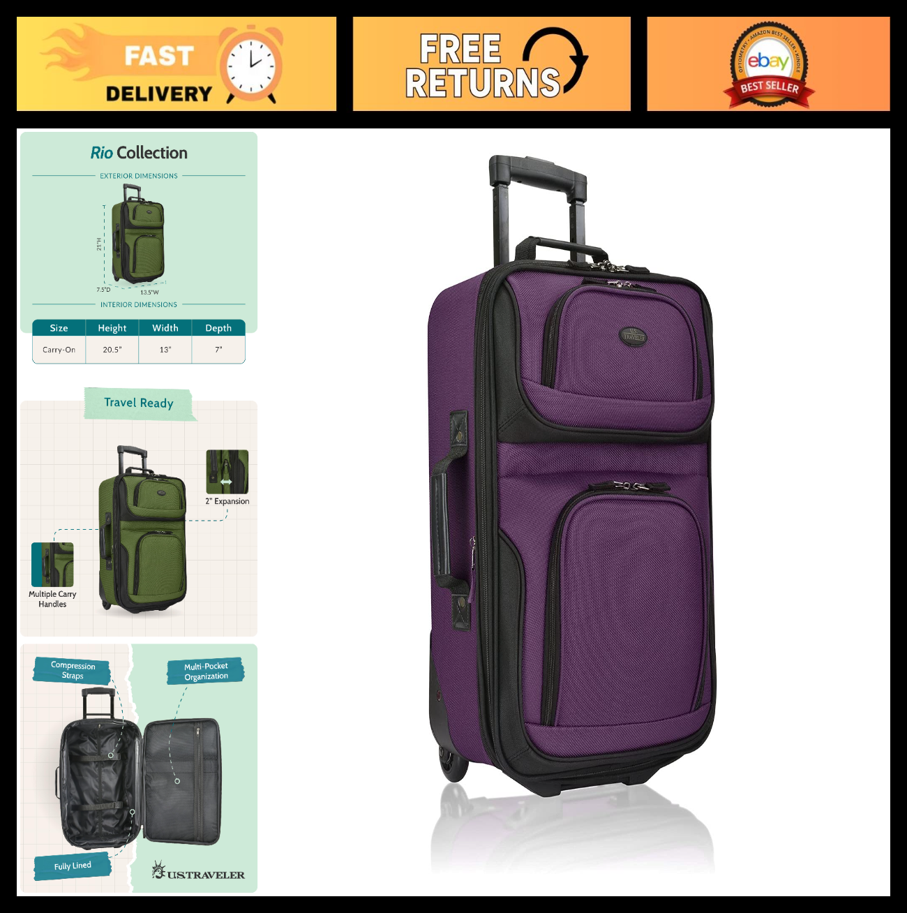 Lightweight Softside Rolling Carry-On Suitcase, 2-Wheel, Purple Travel Luggage0