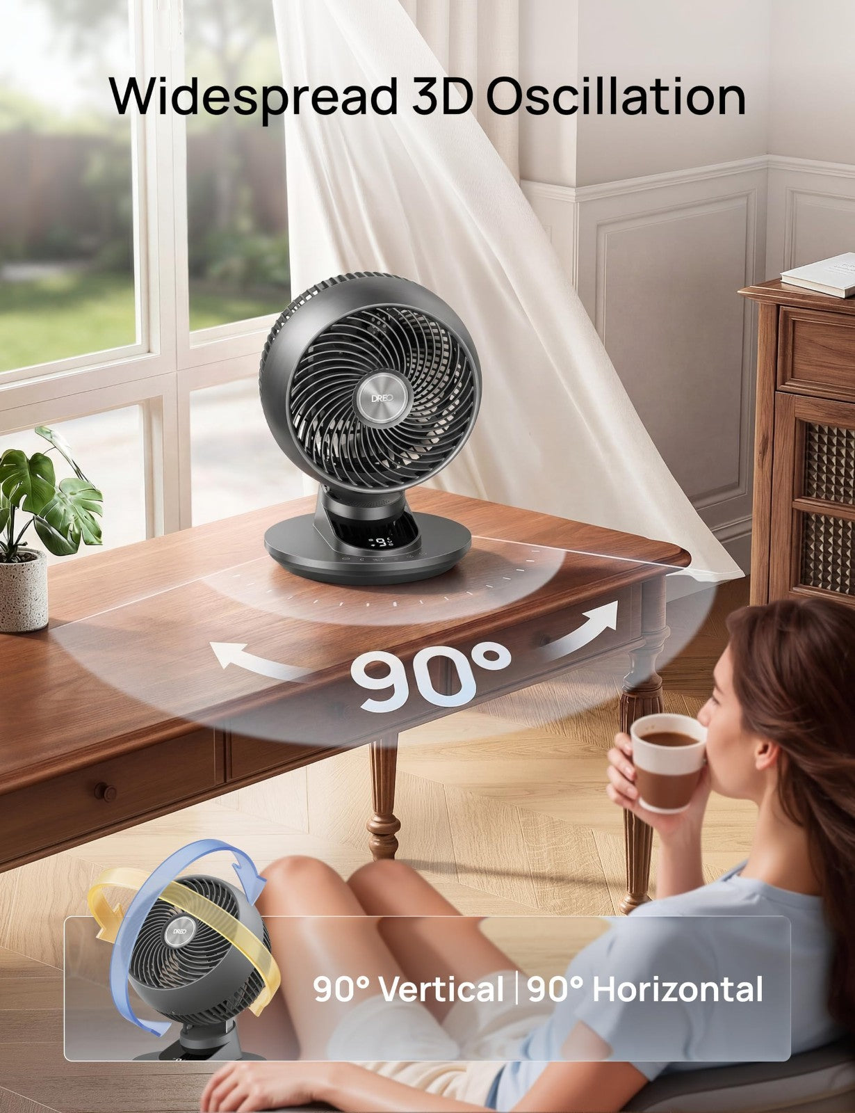 Powerful 12" Smart Fan with 85 ft Airflow, Quiet 20dB, 90° Oscillation, App/Voic3