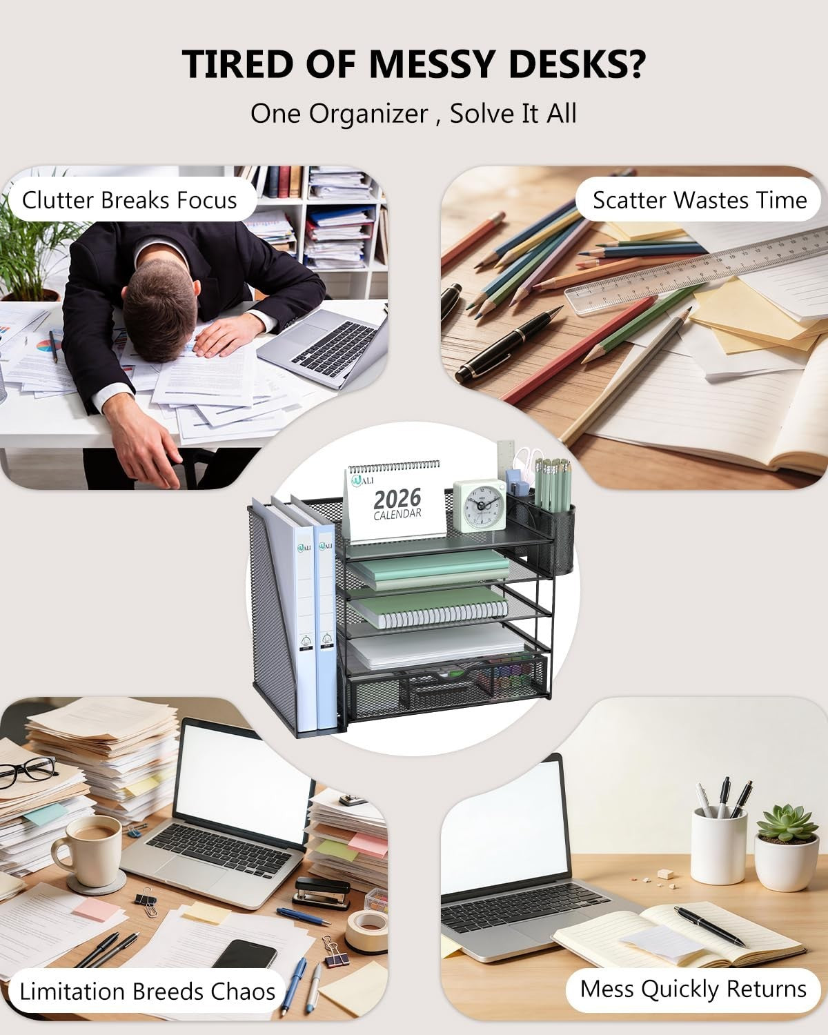 5 Tier Desktop File Organizer with Drawer & Pen Holders   Office Desk Accessorie3