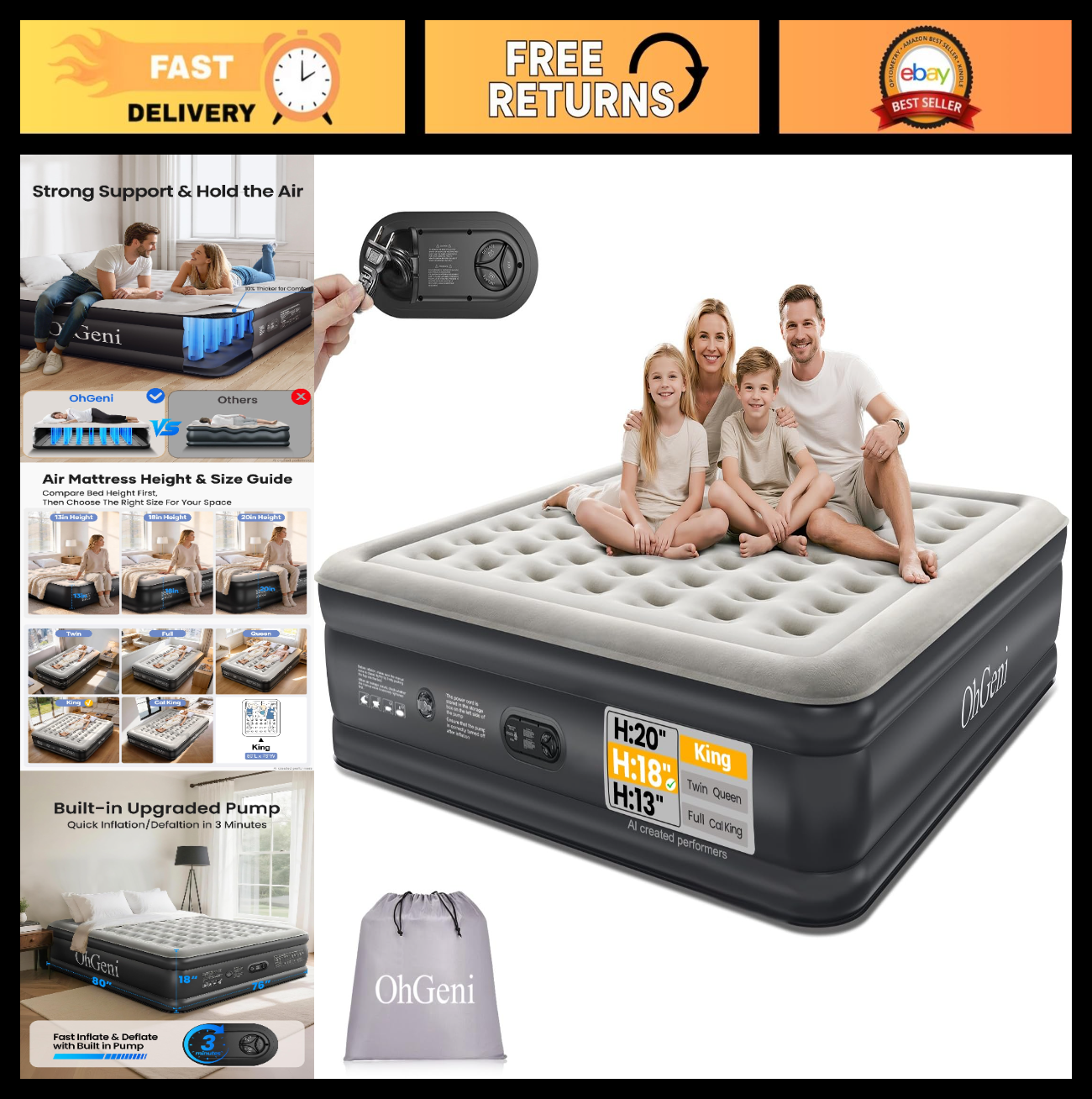 King Size Air Mattress with Built in Pump, 18" Inflatable Bed, 1000lb Capacity,0