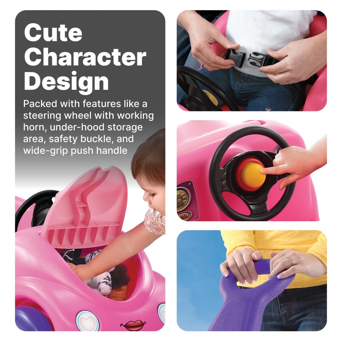 Kids Push Car Ride-On Toy with Seat Belt & Horn, Durable Plastic, Max 50 lbs, Pi3