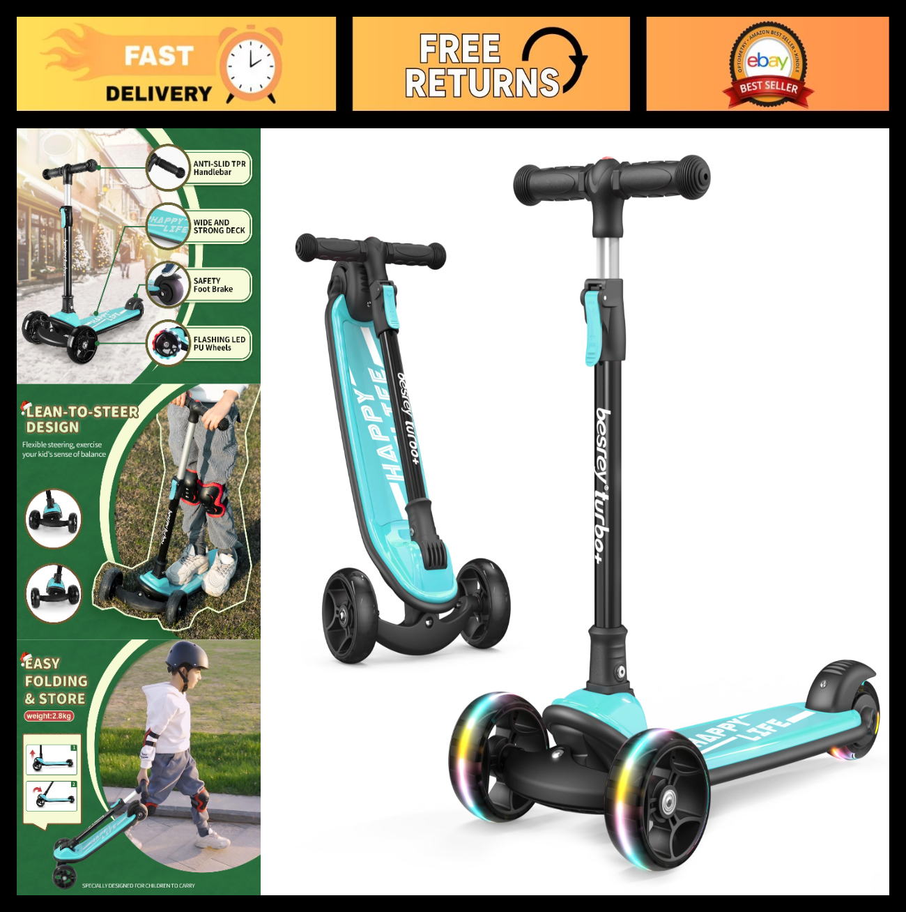 3-Wheel Kids Scooter Ages 3-10, Adjustable Height, Safe & Durable Design0