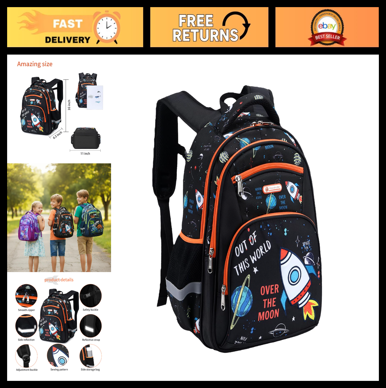Space Print Kids Backpack for School, 16in Bookbag for Boys Ages 6 10, Durable &0