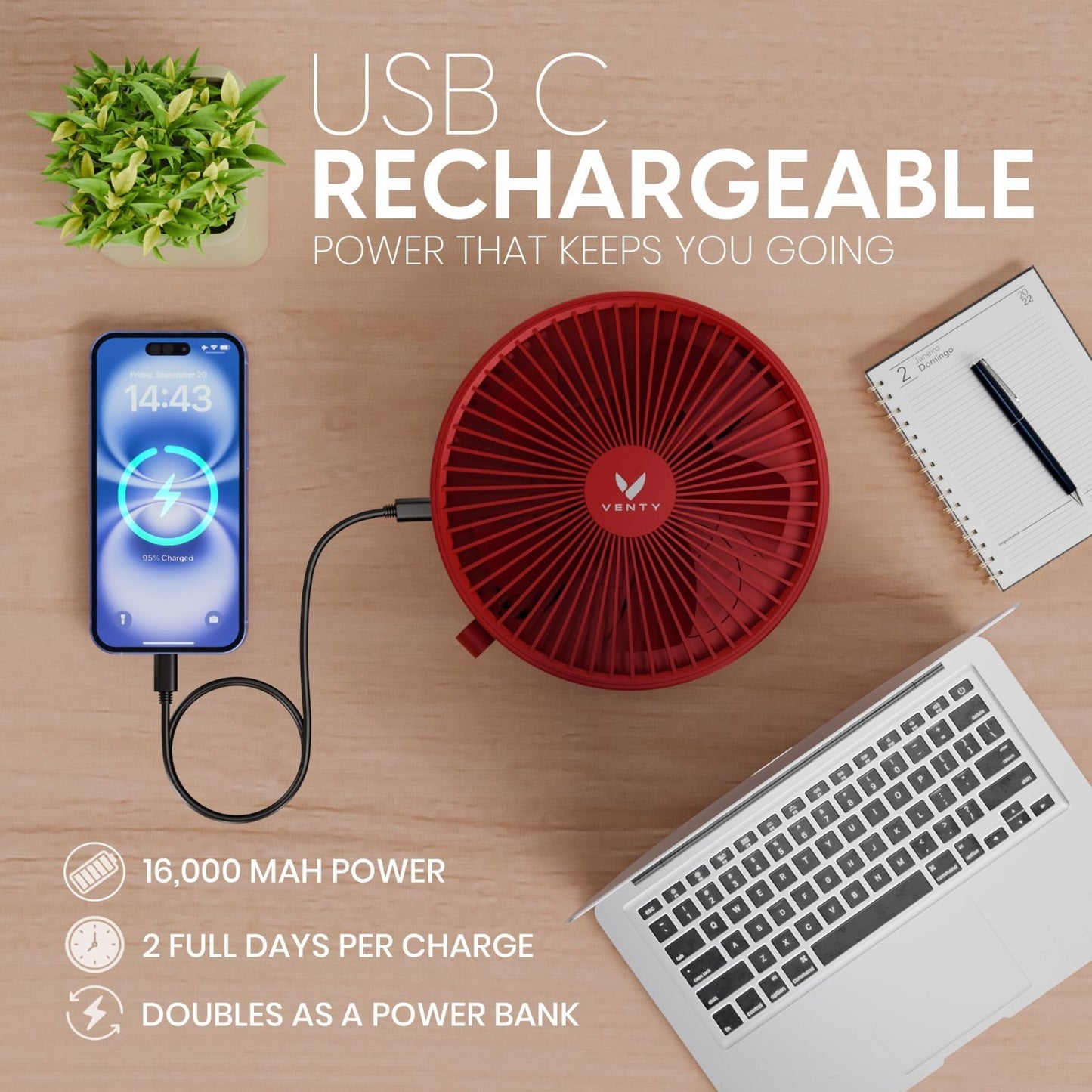 Portable Wireless Battery Operated Fan   4 Speeds, LED Light, Carry Case, Remote6
