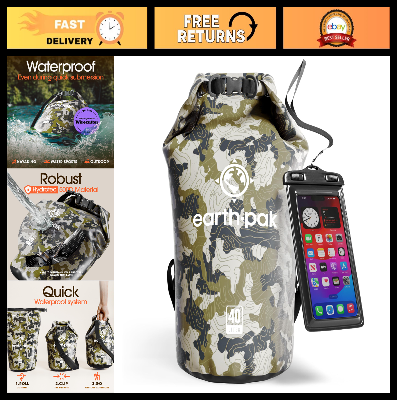 Waterproof Dry Bag Backpack   Roll Top Sack for Kayaking & Outdoor Gear, Phone C0