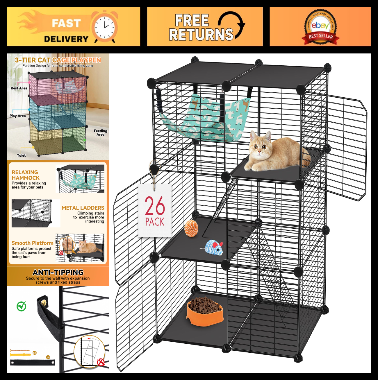 3 Tier Cat Cage Enclosure for Kittens, Indoor/Outdoor Playpen with Hammock, 24"x0