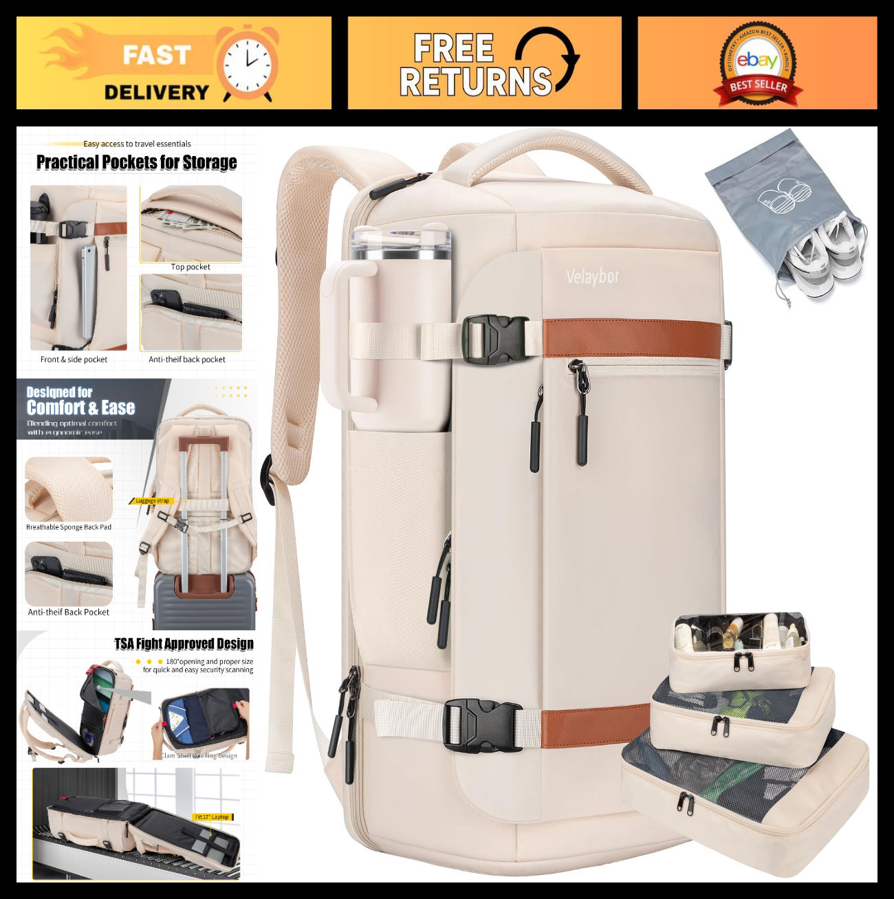 42L Travel Backpack with 4 Packing Cubes, TSA Approved, Water-Resistant Carry-On0