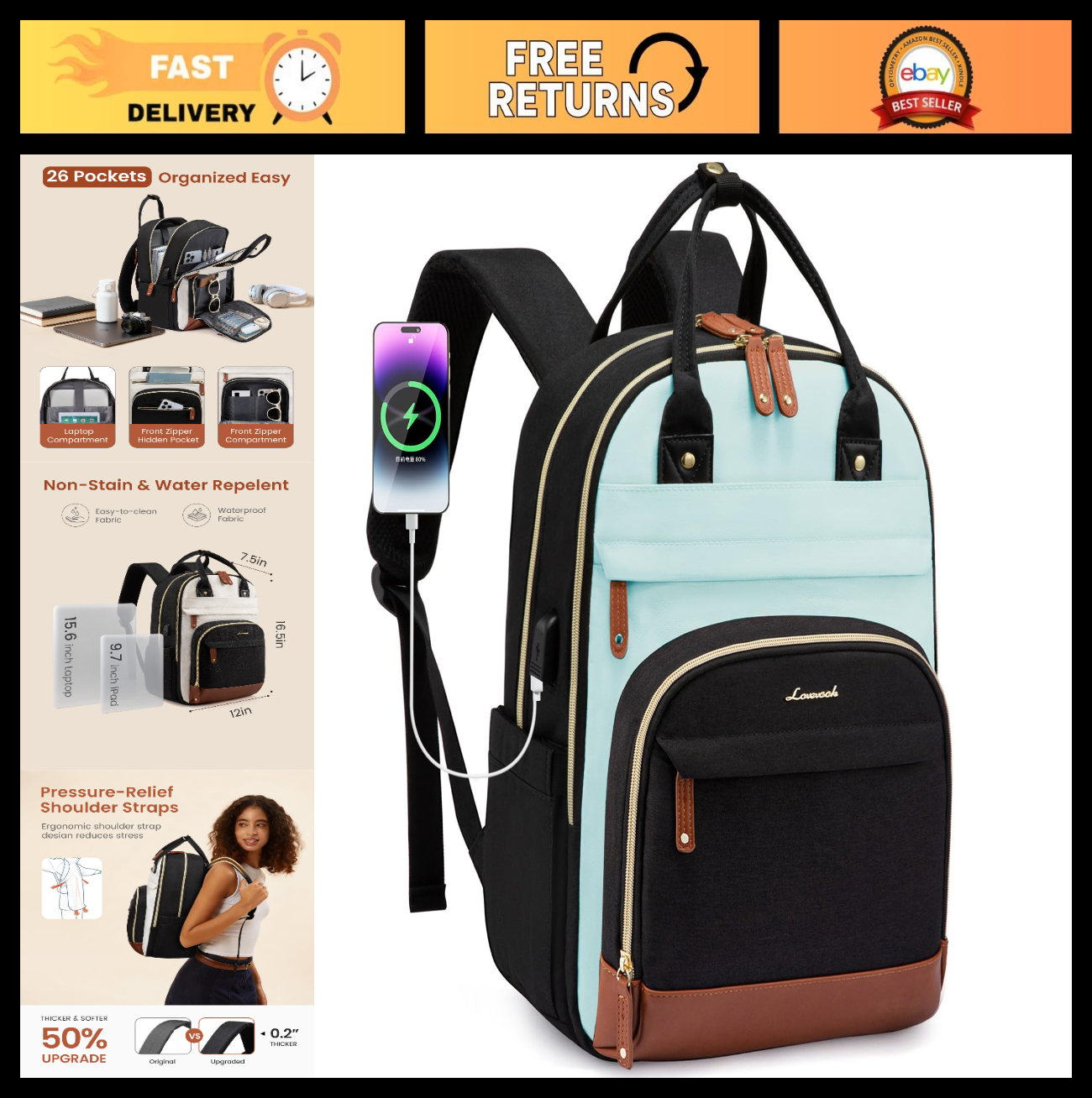 Stylish 15.6" Laptop Backpack with USB Port, Waterproof Travel Bag for Work & Sc0
