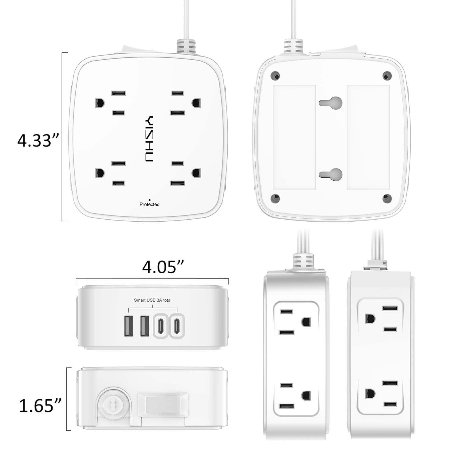 10 Ft Surge Protector Power Strip   8 Outlet Power Hub, 4 USB Ports, Flat Cord,6