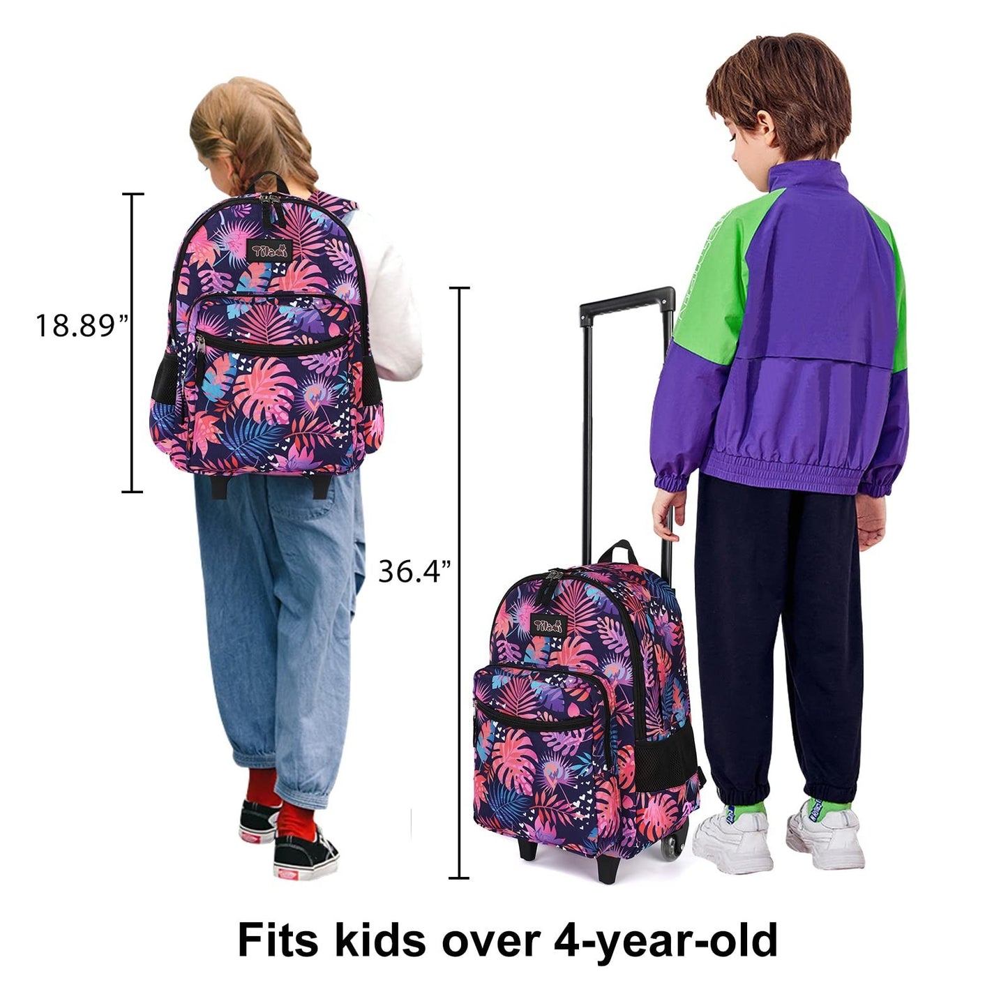 Wheeled Kids Backpack 18" with Lunch Bag, Double Handle, Pink Leaves Design5
