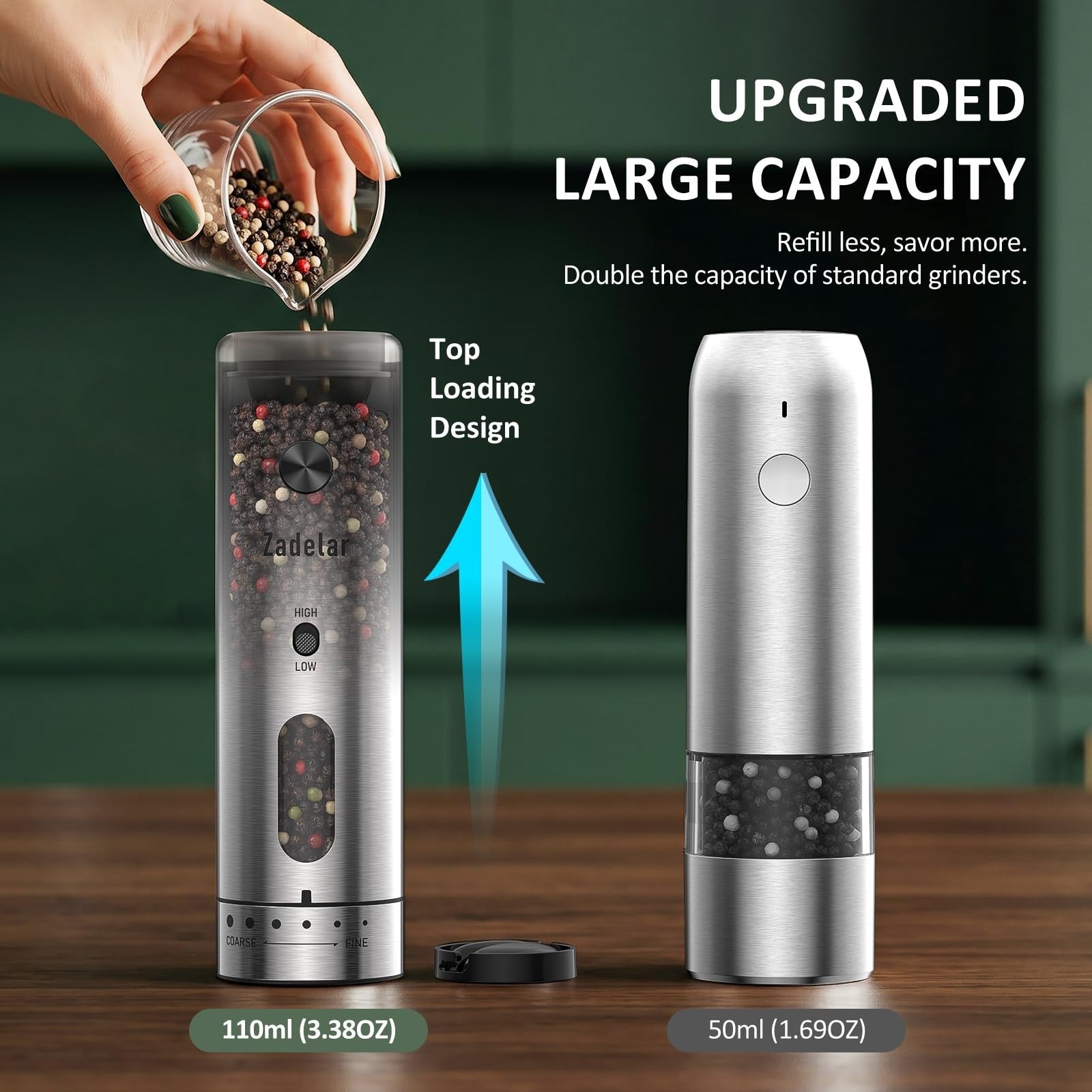 Rechargeable Electric Salt & Pepper Grinder Set   Adjustable Coarseness, One Han6