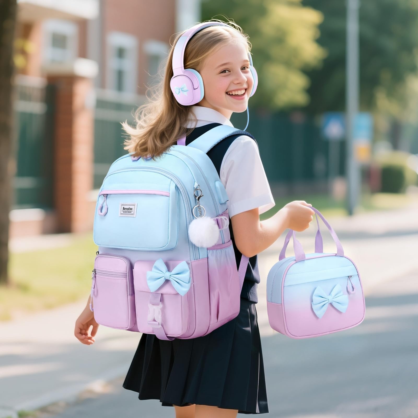Cute Bow Backpack for Girls, School Bag Set with Lunch Bag & Pen Case5