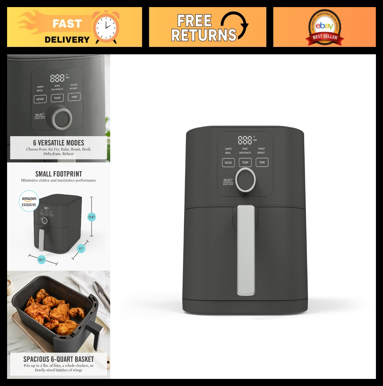 6QT 6-in-1 Air Fryer - Bake, Broil, Roast, Dehydrate, Reheat, Non-Stick Basket,0