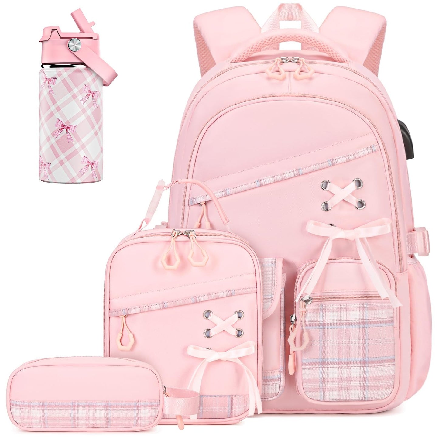 Girls Plaid School Backpack Set with Insulated Water Bottle, Lunch Bag & Pencil1
