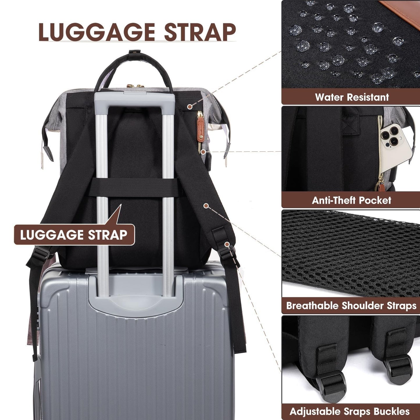 Waterproof 15.6" Laptop Backpack for Women   USB Port, Travel & Work Bag, Black/4