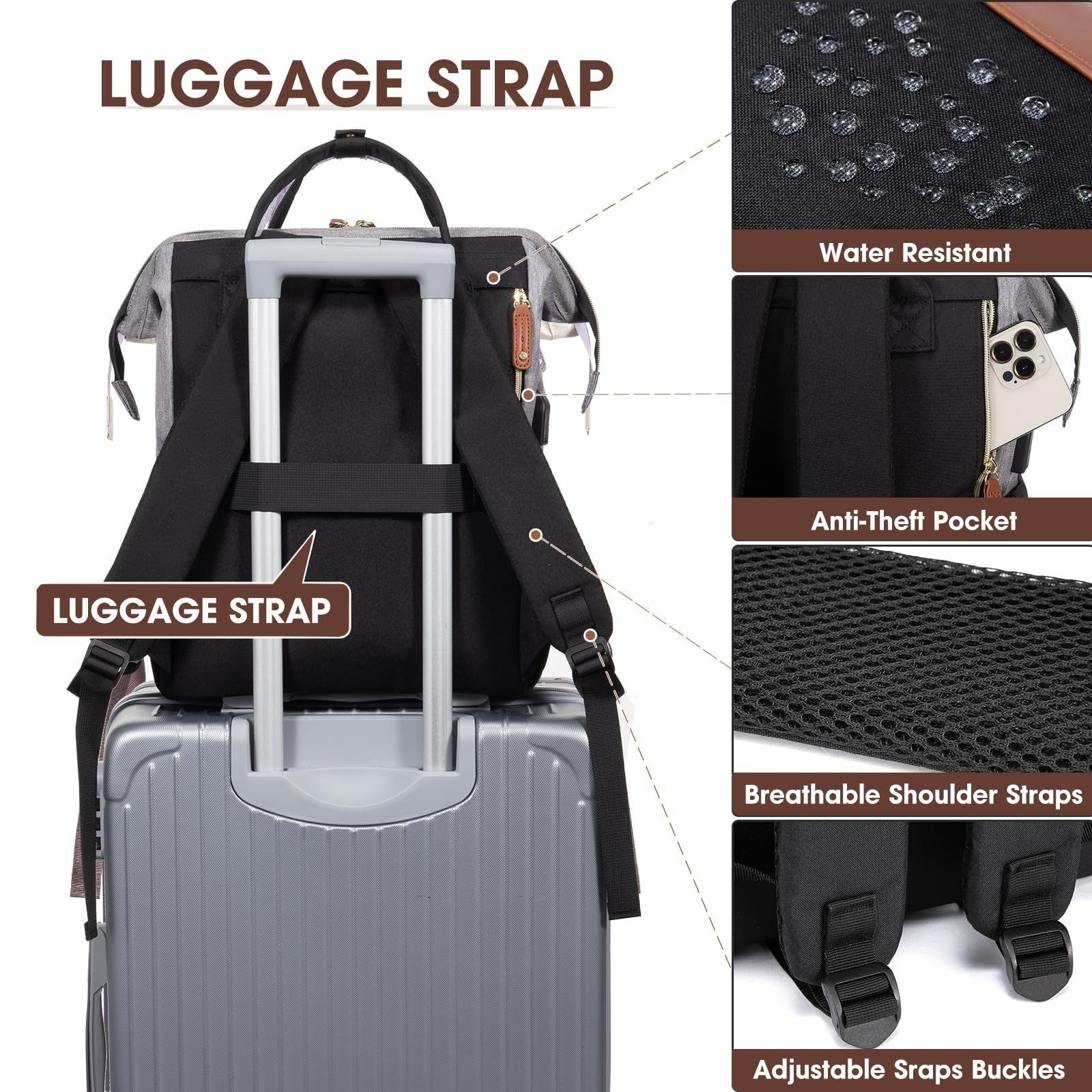 Waterproof 15.6" Laptop Backpack for Women   USB Port, Travel & Work Bag, Black/4