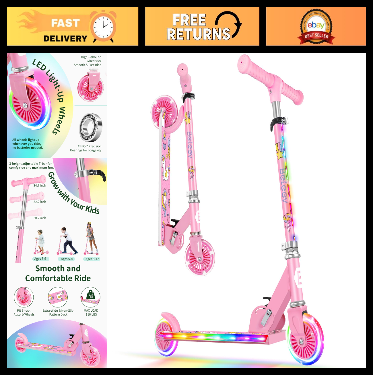 Light-Up Wheels Kids Scooter, 2-Wheel Folding Kick Scooter, Adjustable Height, N0