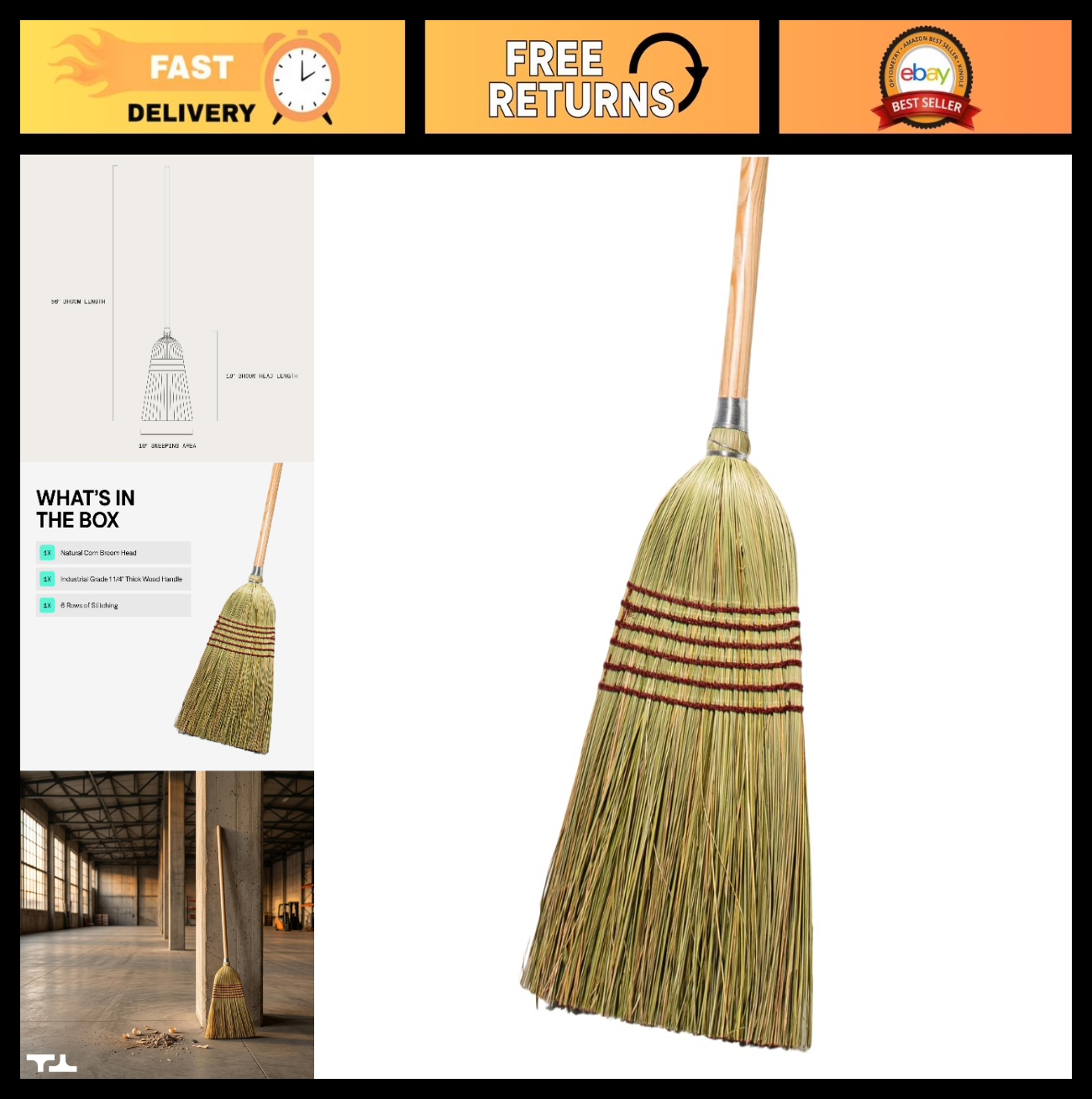 Heavy Duty Corn Broom with Wooden Handle for Indoor & Outdoor Cleaning - 1.250