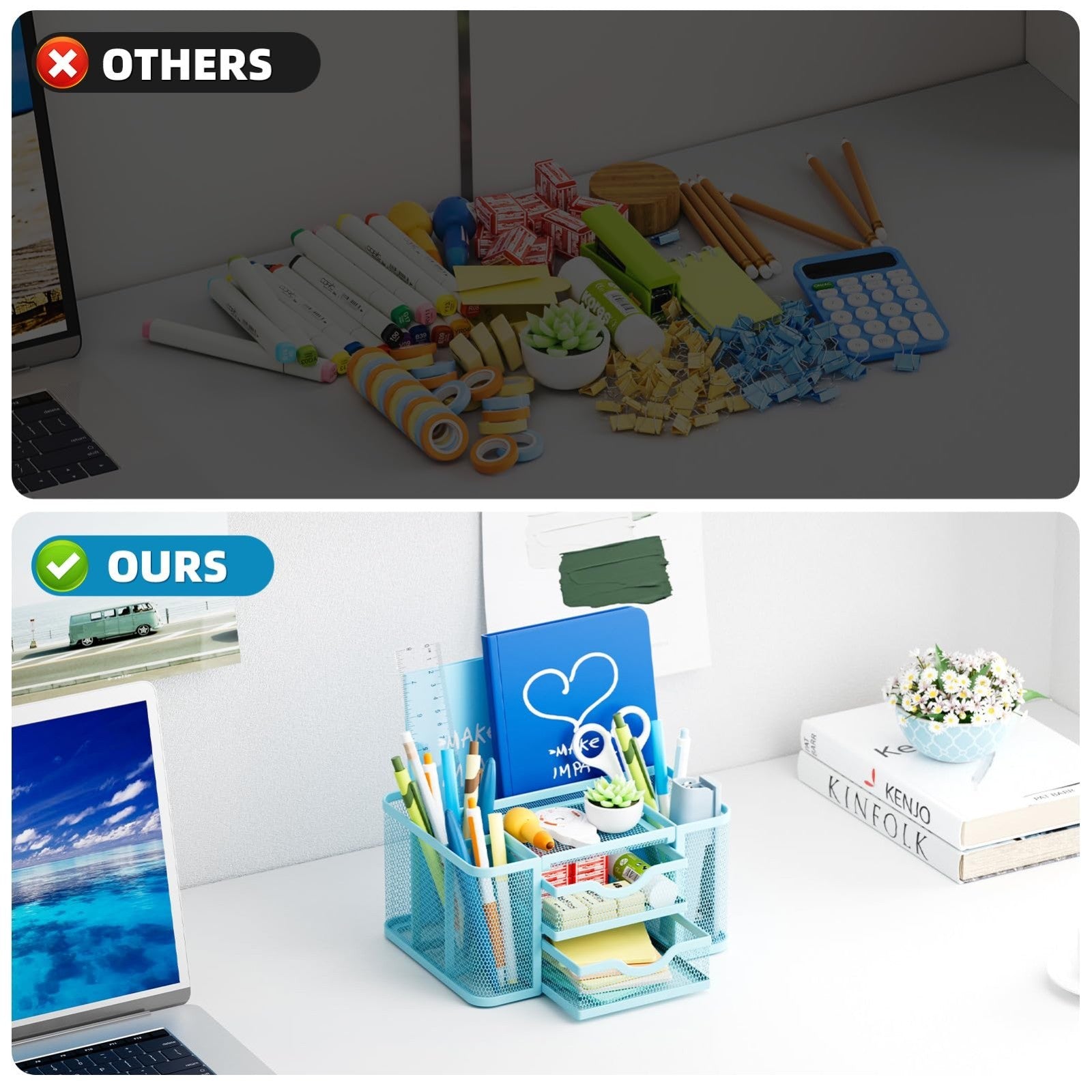 Multi Functional Mesh Desk Organizer with 2 Drawers, 5 Compartments, Blue6