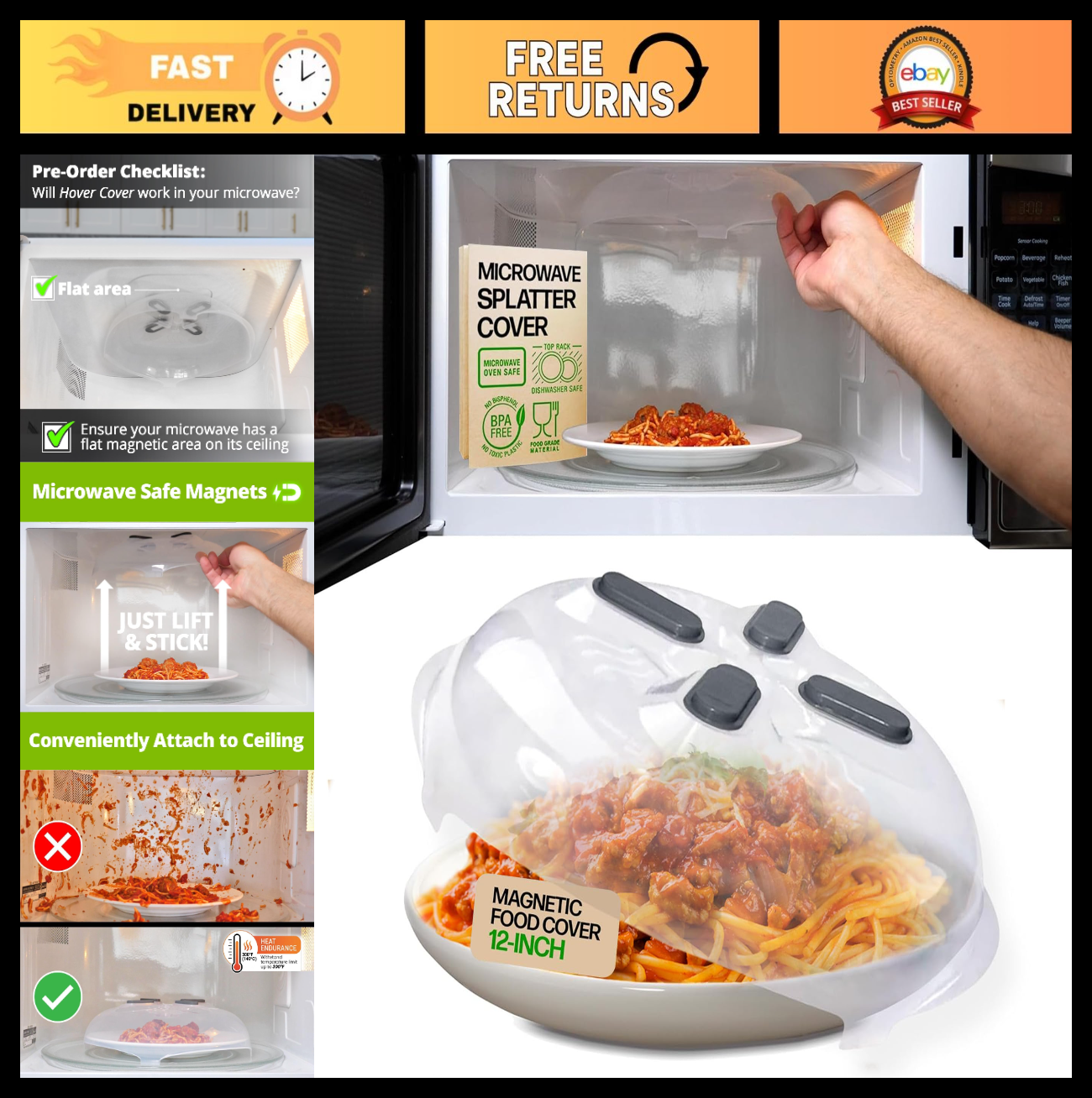 Magnetic Microwave Splatter Cover   12" BPA Free, Vented Lid, Anti Splash, Dishw0