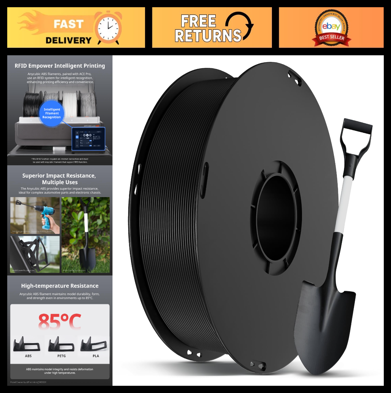 High Strength ABS 3D Printer Filament 1.75mm, Tough & Durable, 1KG Spool, Black0