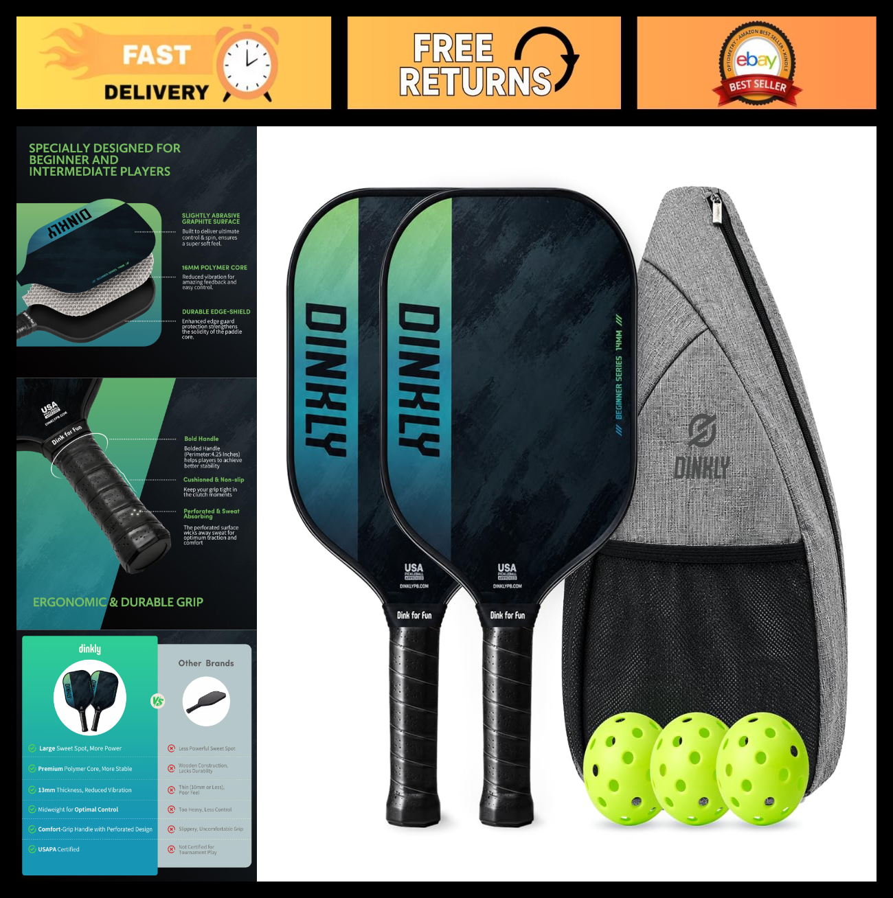 Pickleball Paddle Set of 2/4 - USAPA Approved Graphite/Fiberglass Rackets, Balls0