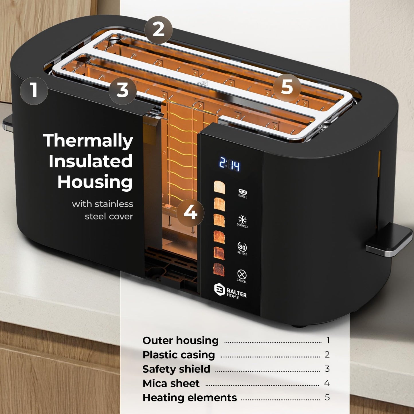 4 Slice Wide Slot Toaster with Bagel Function, Touch Screen, Stainless Steel, Ex8