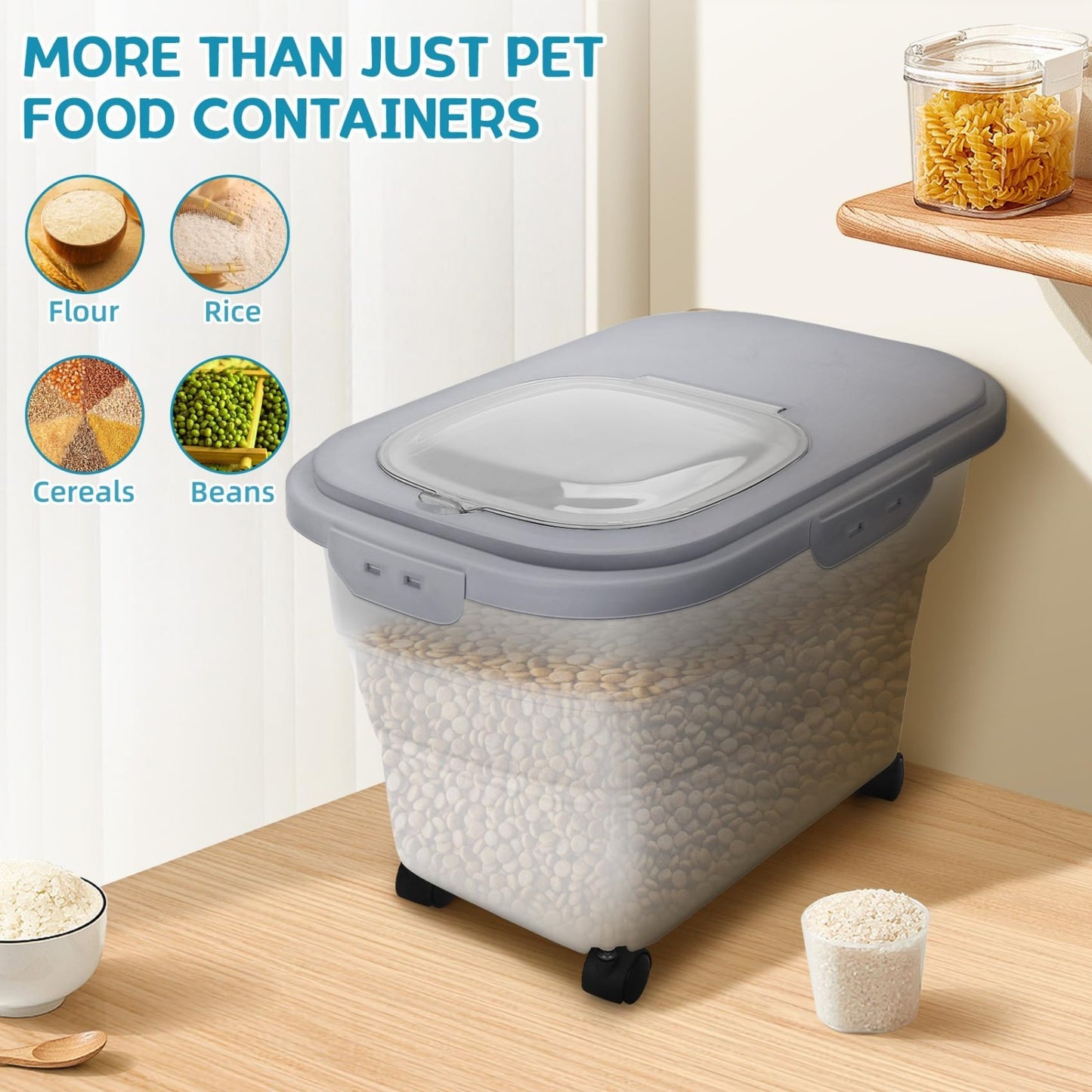 Collapsible Pet Food Storage Container with Airtight Lid & Detachable Casters, I6