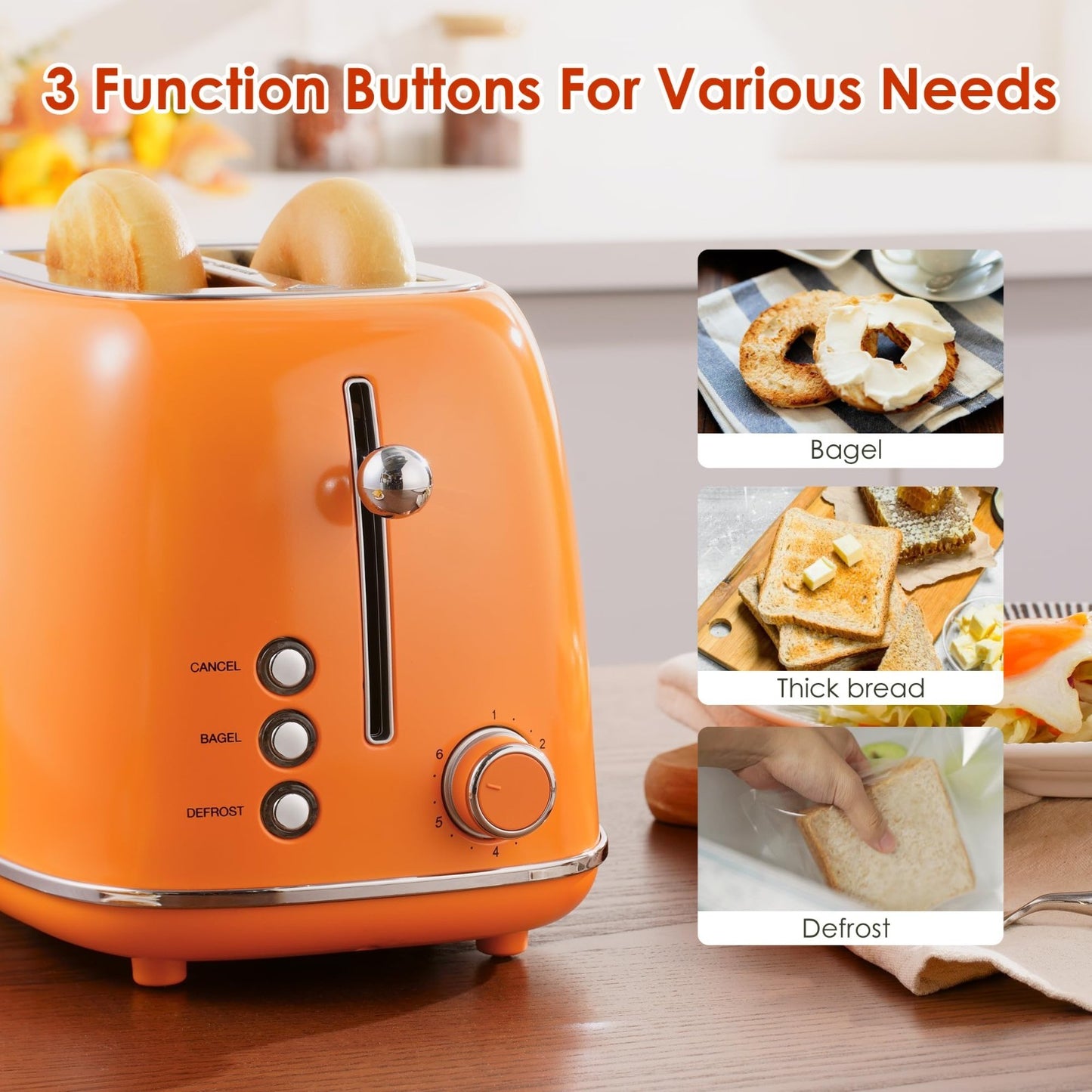 Retro Stainless Steel 2 Slice Toaster with Bagel, Cancel, Defrost, 6 Shade Setti4