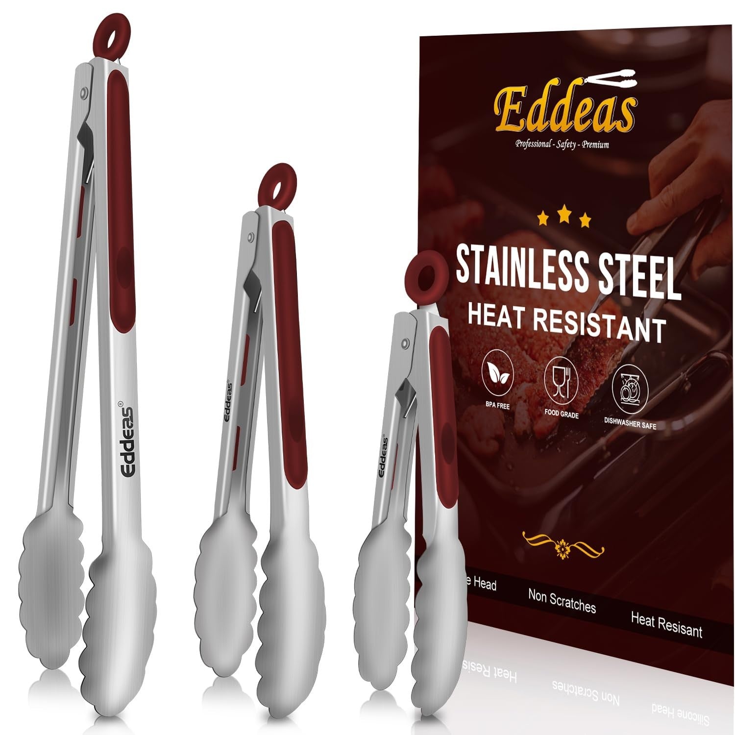 Heat Resistant Stainless Steel Cooking Tongs Set   7", 9", 12" Heavy Duty BBQ To1