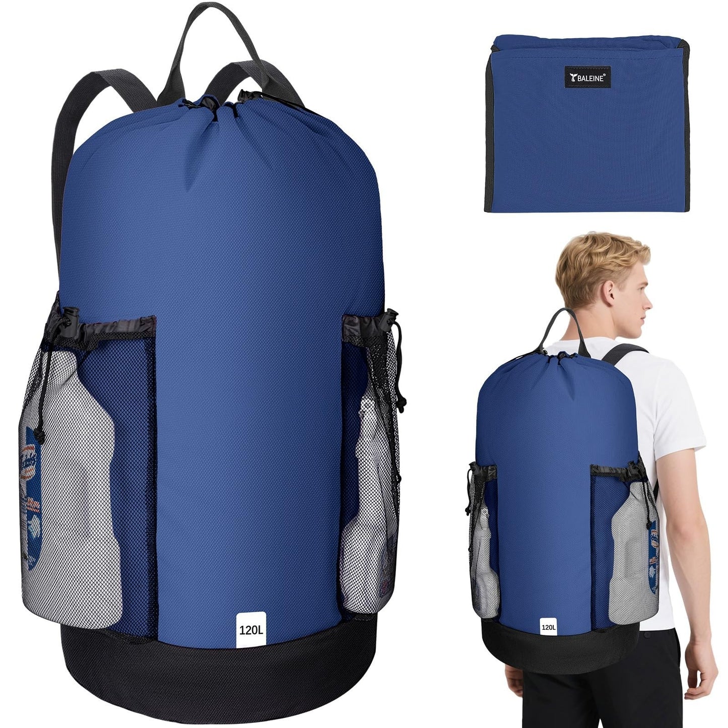 120L Large Laundry Backpack Bag - Durable Oxford Fabric, Mesh Pockets, Ideal for1