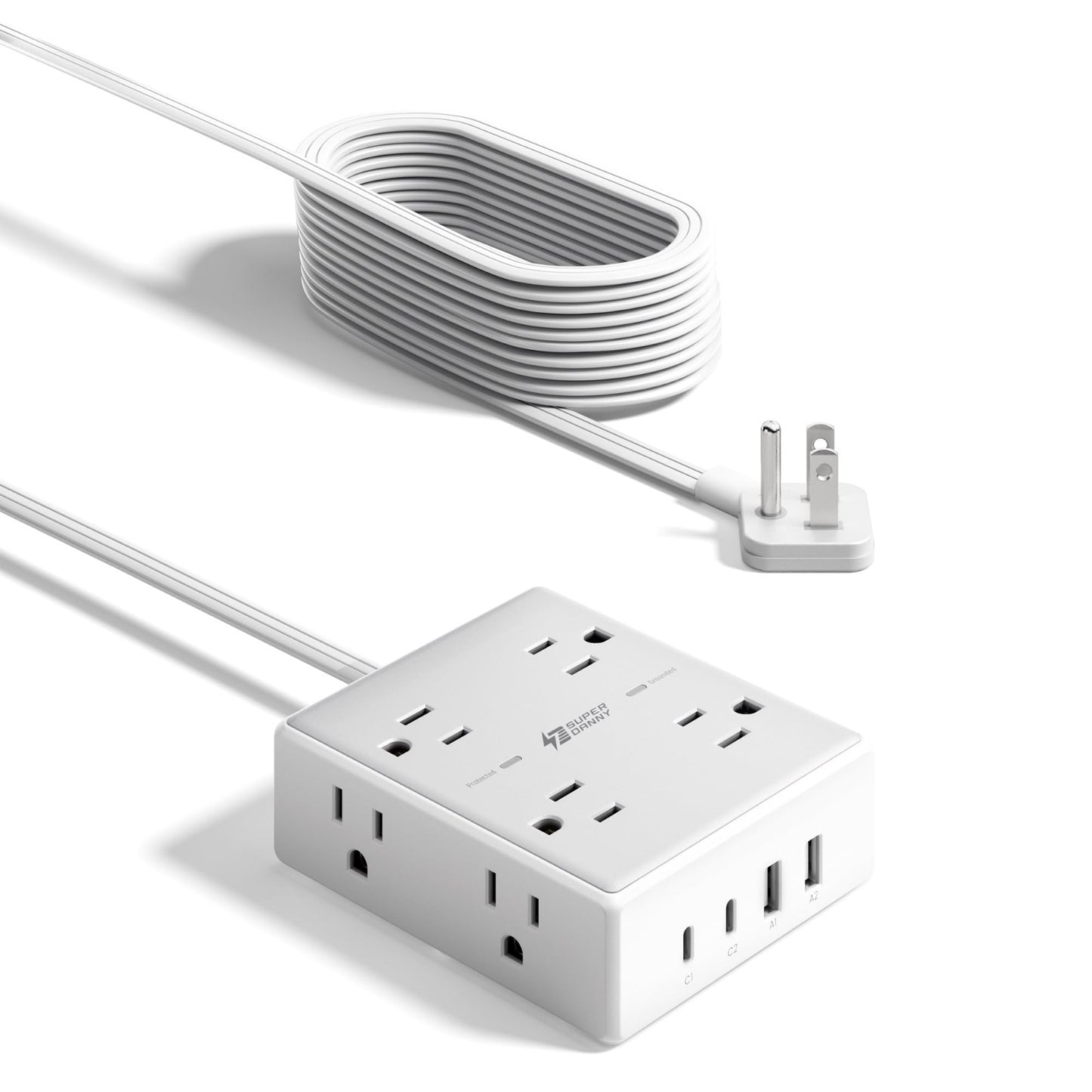 15Ft Flat Plug Extension Cord with Surge Protector Power Strip   6 Outlets7