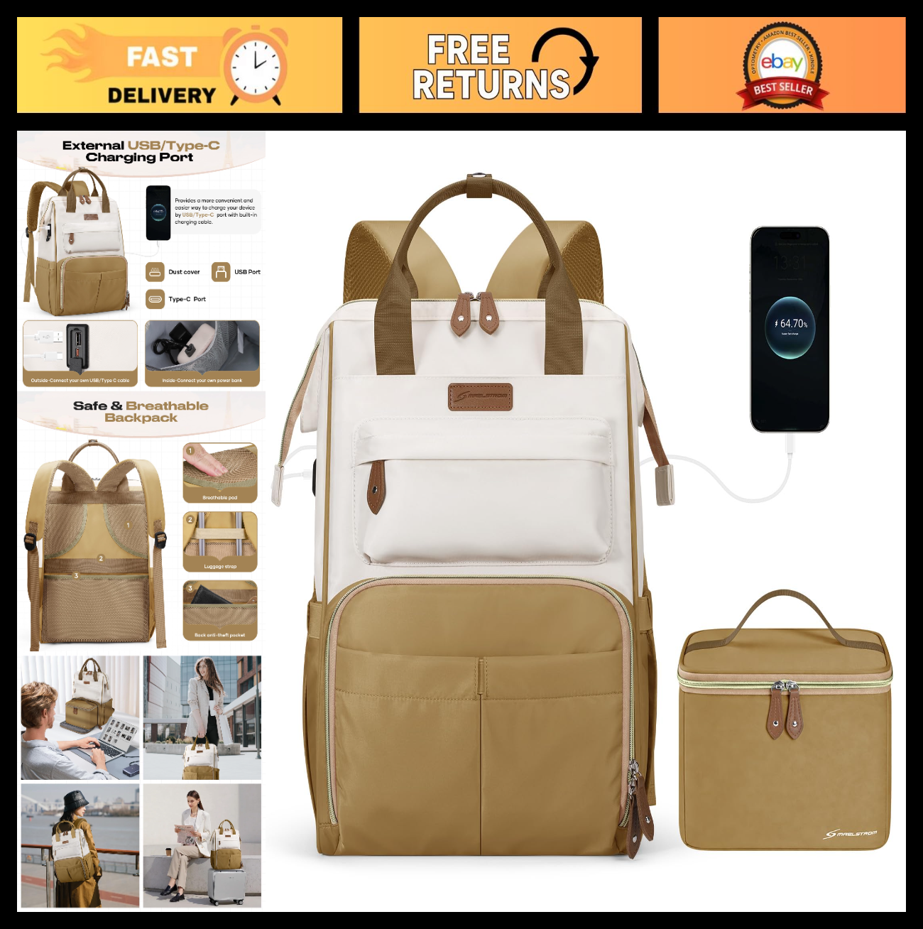 Travel Backpack for Men & Women, Fits 15.6-17.3" Laptop, Insulated Lunch Bag, Kh0