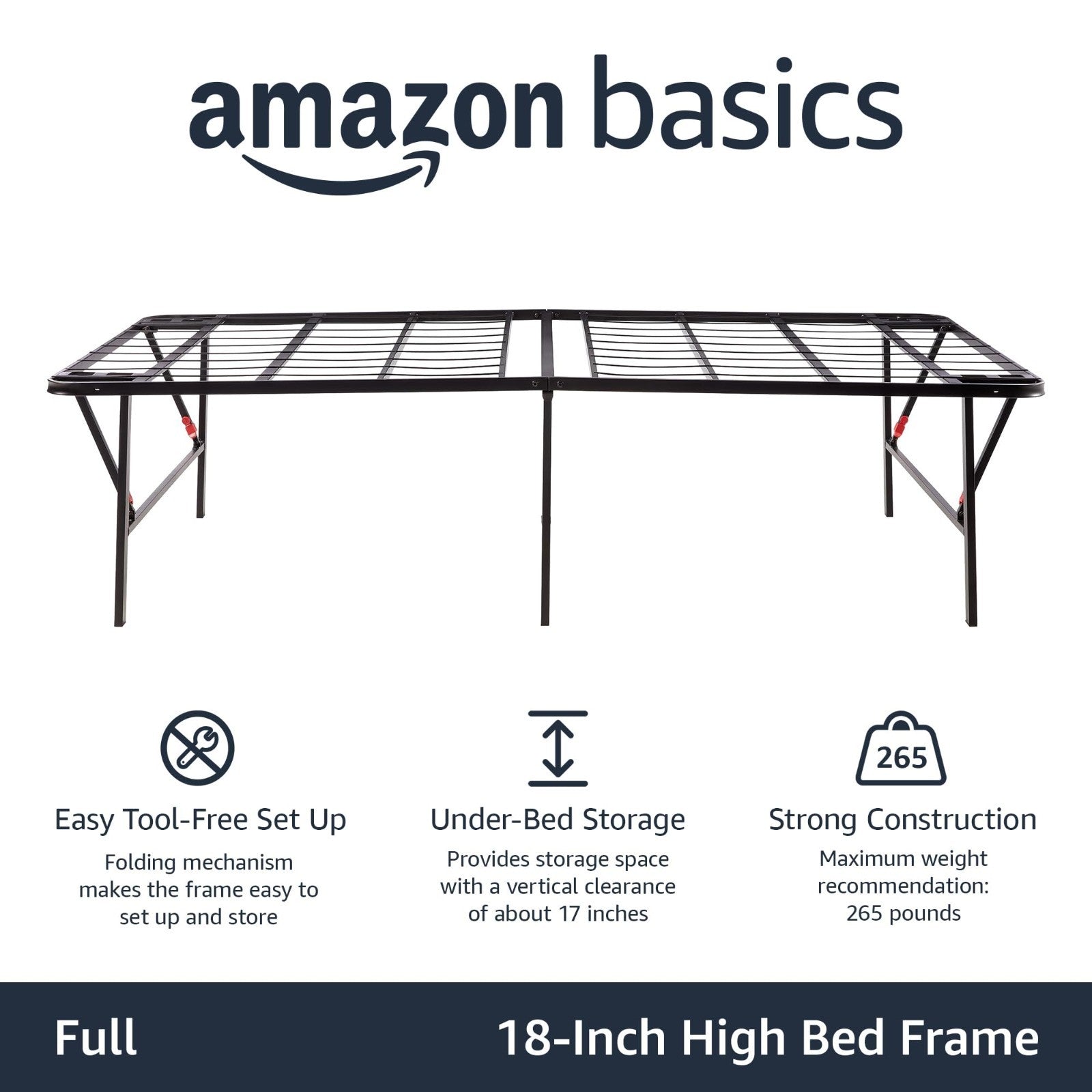 Sturdy Full Size Bed Frame with Storage, Foldable Metal Platform, 18" High, Tool3