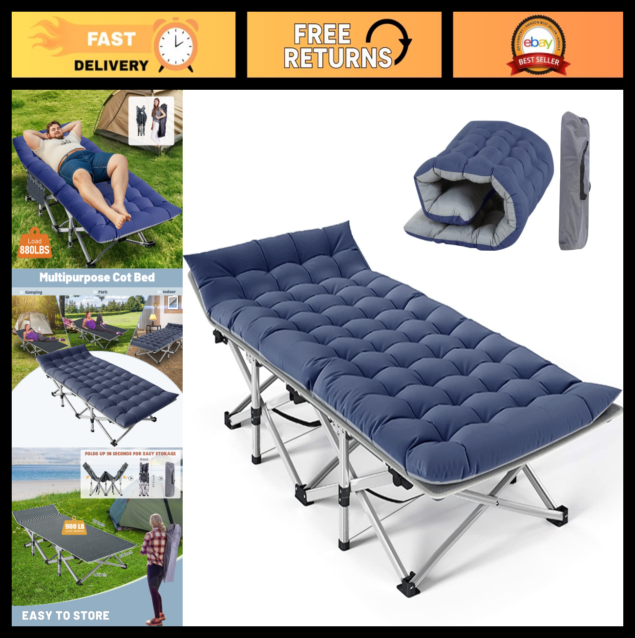 Folding Camping Cot for Adults, 28" Wide, 880lbs Capacity, Padded Mat & Carry Ba0