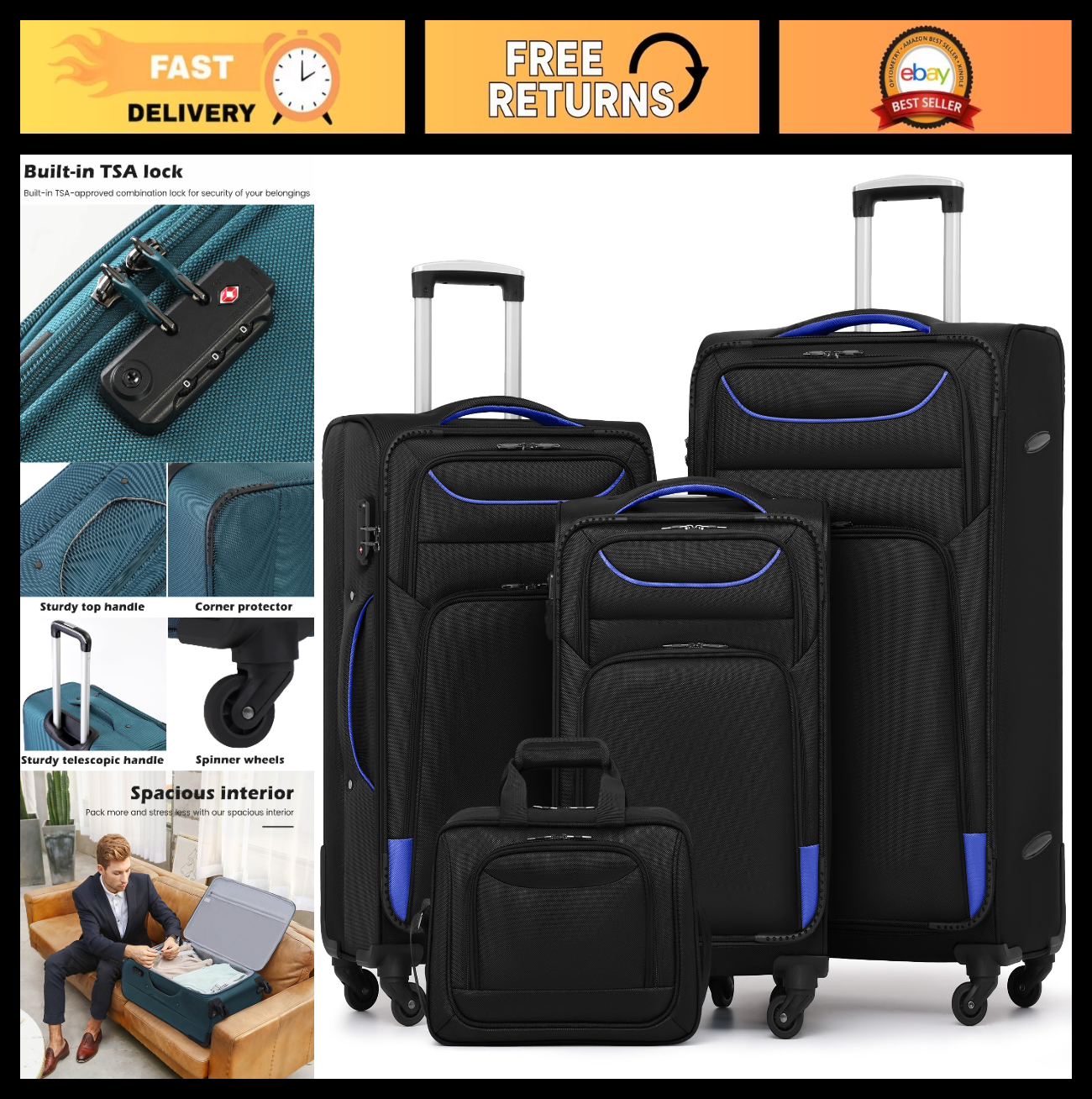 4-Piece Softshell Luggage Set with TSA Lock, Spinner Wheels & Tote - Durable Tra0