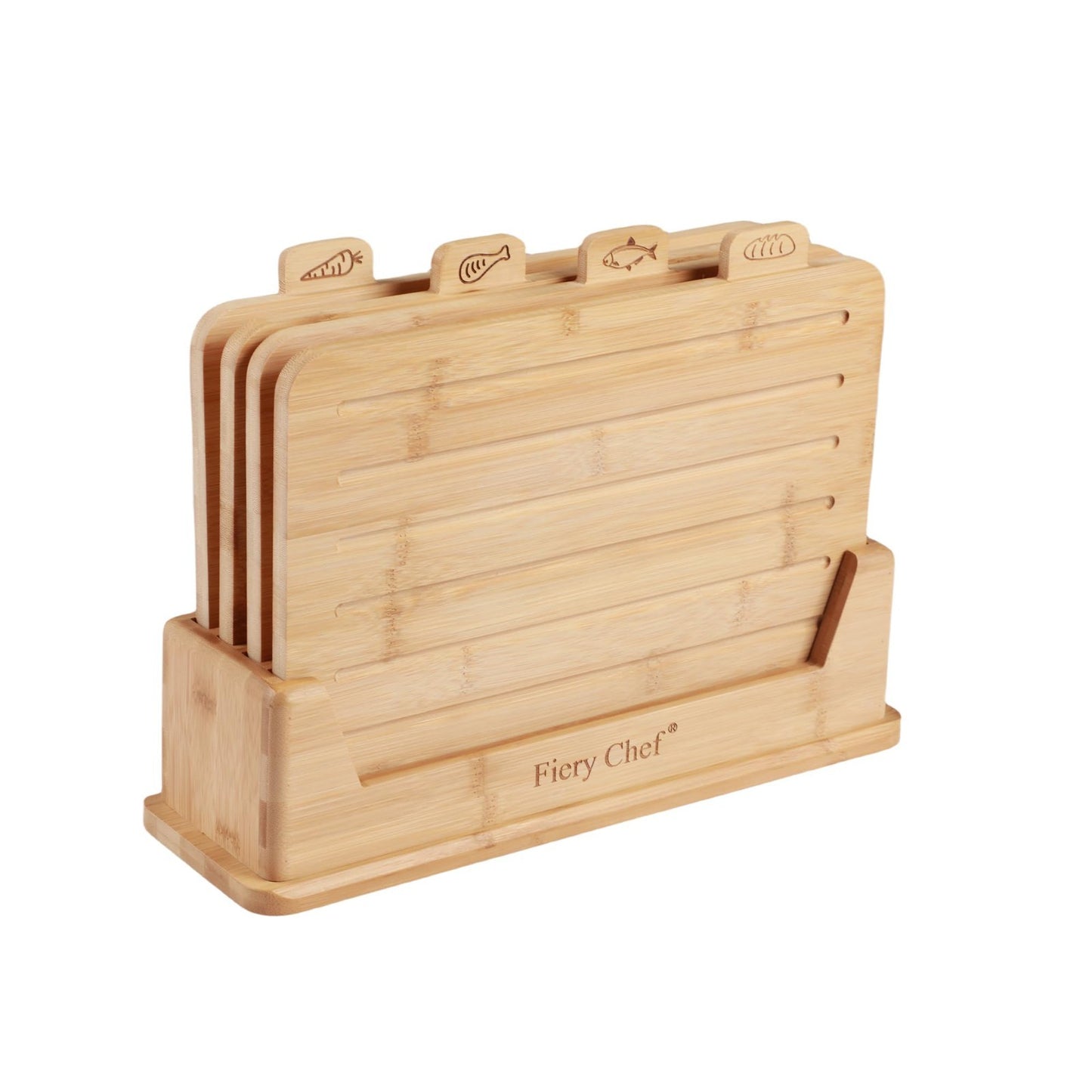 Set of 4 Bamboo Cutting Boards with Holder - Juice Groove, Food Icons, Ideal for1