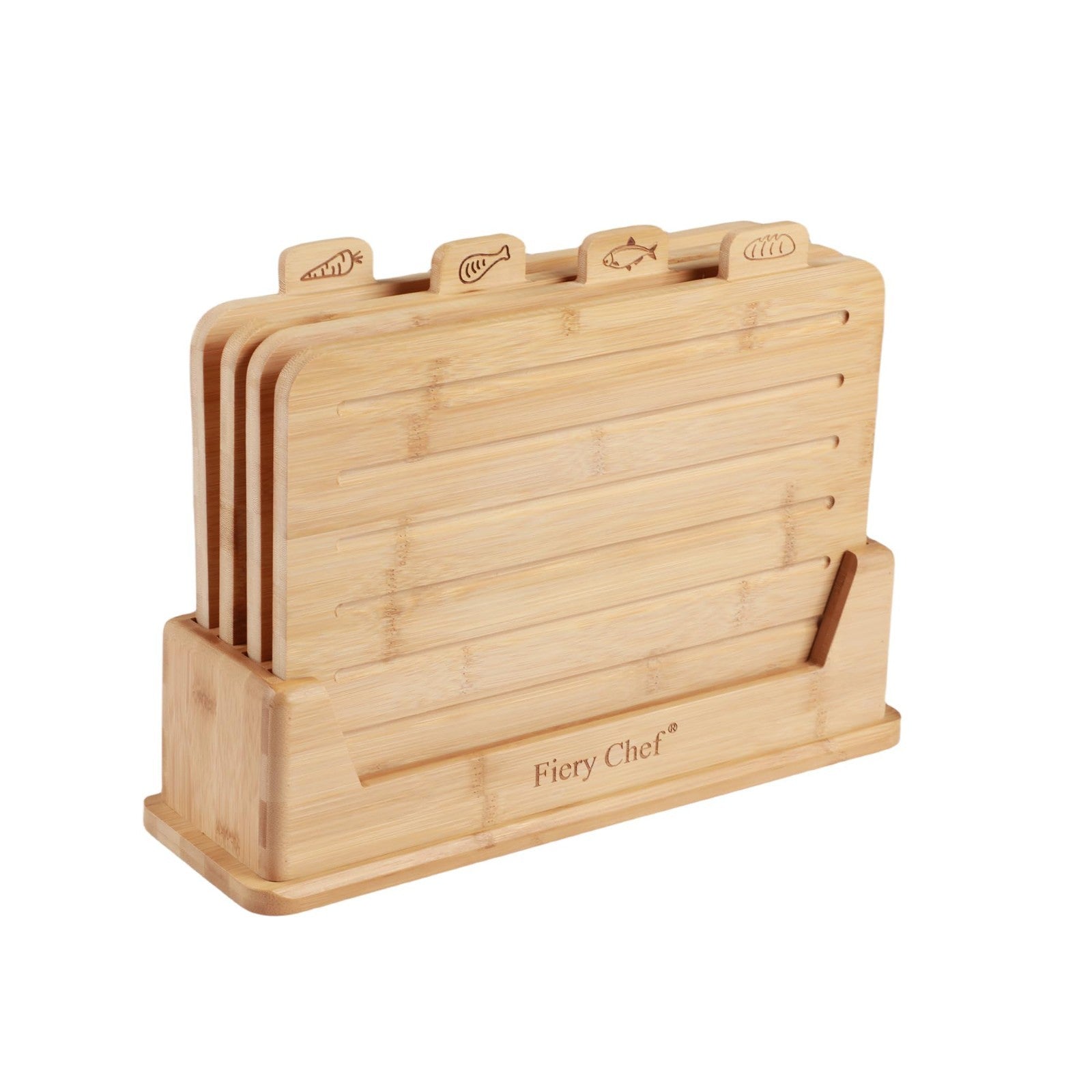 Set of 4 Bamboo Cutting Boards with Holder - Juice Groove, Food Icons, Ideal for1