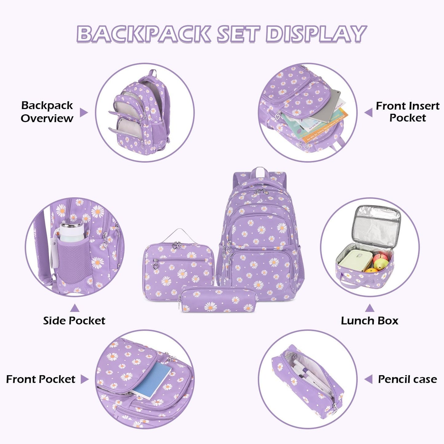 Daisy Printed Girls Backpack Set   3PC with Lunch Box & Pencil Case, Lightweight3