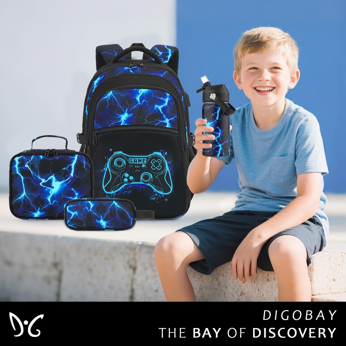 Cool Luminous Gamer Backpack for Boys, 6PCS Set with Insulated Water Bottle, Lun2