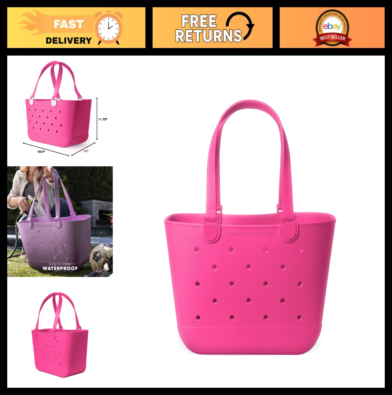 Large Waterproof Pink Beach Tote Bag with Zipper Pocket | Travel, Pool & Grocery0