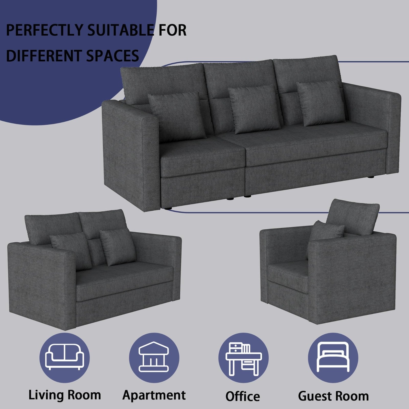 Modern Grey 2-Piece Sofa Set - Comfy 6-Seat Couch & Loveseat for Living Room5