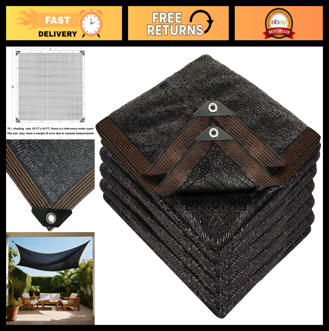 70% Black Shade Cloth 20x20 FT Durable Mesh Tarp with Grommets for Garden, Green0