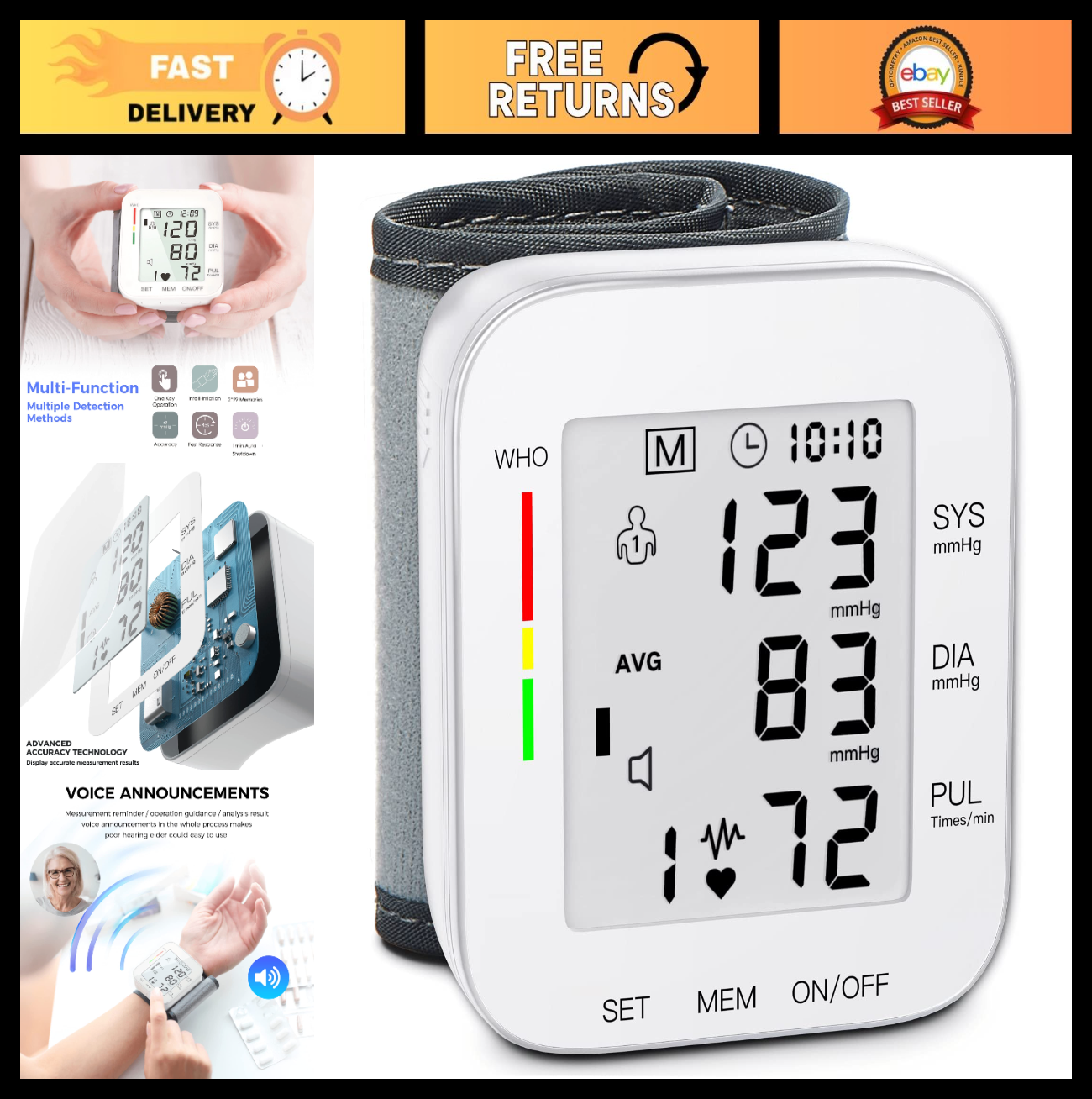 Wrist Blood Pressure Monitor   FDA Cleared, Large LCD, 99 Memory Sets, Adjustabl0
